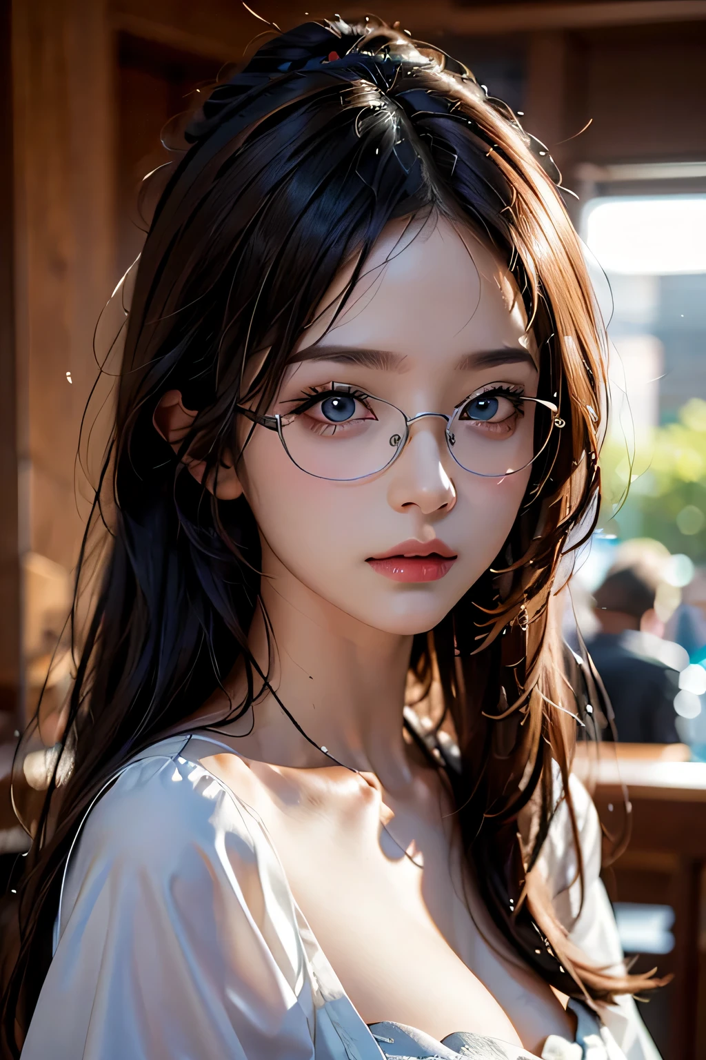 8k、High resolution、Kanban Lady、beautiful girl、gothic costume、young、white skin,、narrow eyes,high nose,lighting that illuminates the face、clear image、intellectual beauty、skinny、no makeup、anxious look、lighting that illuminates the face,shining hair、single eyelid,blue eyes、at shop、vivid pose、female clerk,wearing glasses