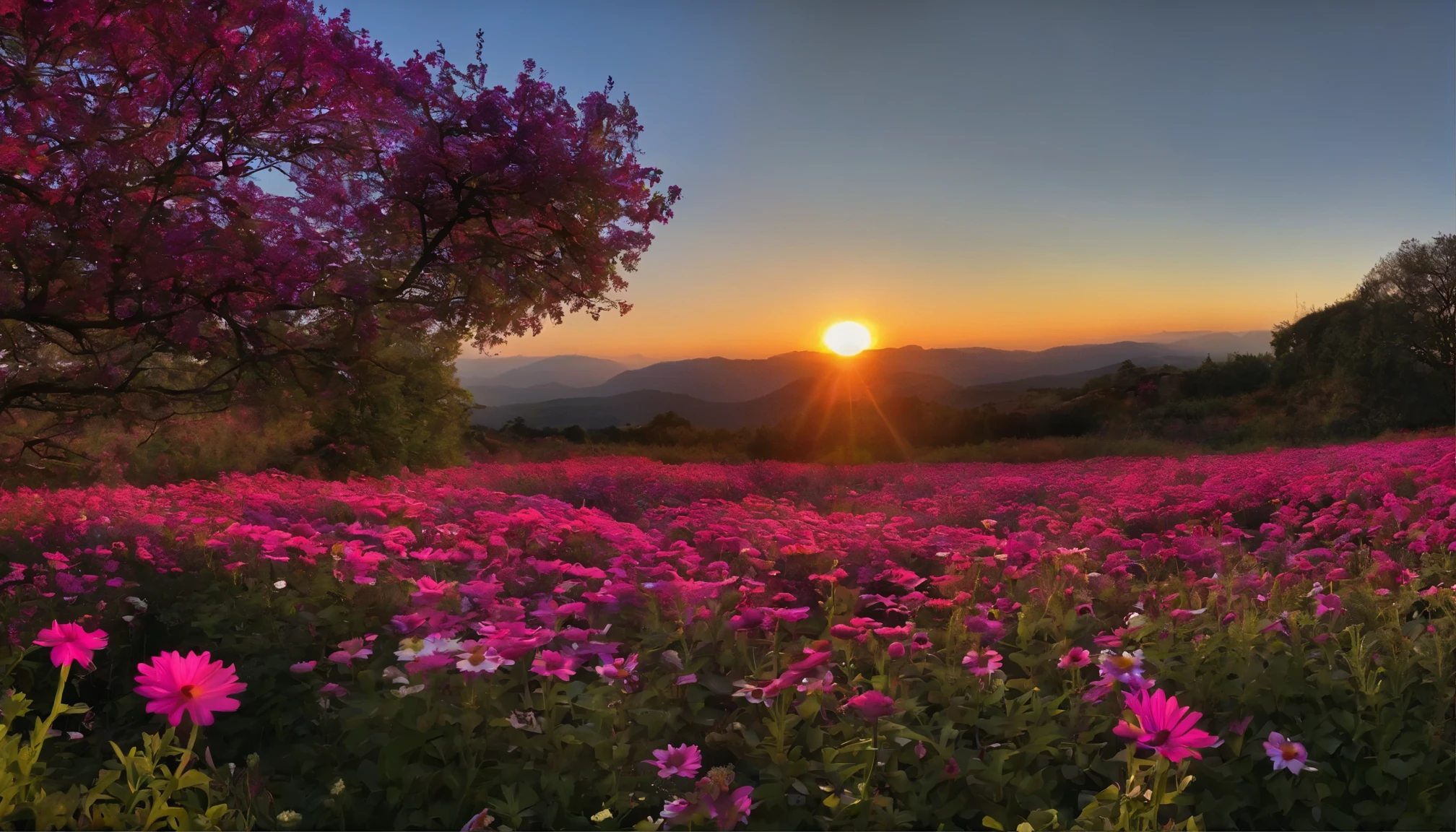 10,000 daisy flowers, Beautiful and perfect, eventide，Fuchsia sky，vibrant with colors.High saturation，