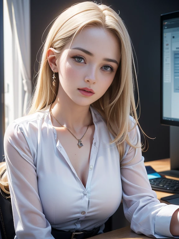 (best quality, 8k, highres, photorealistic:2.0), (solo, one girl:2.0),(lighting: front),(lighting: strong),(ultimate beautiful girl:2.0),(shiny skin),(oily skin),(platinum blonde hair:1.5),Blush brown makeup , dark eye makeup , use pink glossy lipstick,(big eyes girl:1.5),(woman with slender figure:1.5),(Photographed in the sophisticated office of an information technology company:1.8),(elite business woman:1.8),(girl amazing sex appeal:1.5),(ultimate eleance),(ultimate erotic),(Career woman who can work very well),(I'm so absorbed in work that I don't have a boyfriend),(woman not interested in love),(I'm not interested in fashion),(I wear accessories that do not interfere with my work.),(she has no love experience at all),(she feels alone),(She is not good at talking to men),(she is shy and silent),(I don't want to stand out and I'm concerned about people's attention),(She has a dark personality and negative thoughts.:1.5),(she suffers from depression),(She has many complexes and has no one to rely on.),(wearing business clothes),(A woman who takes her work seriously),(I'm a little unwell),(I like coffee and drink it all the time),(mentally unstable),(I have a hard time with insomnia.),(unpopular woman),(unconfident:1.5),(under stress),(She has a hobby that she cannot tell anyone about, and that is masturbation.)