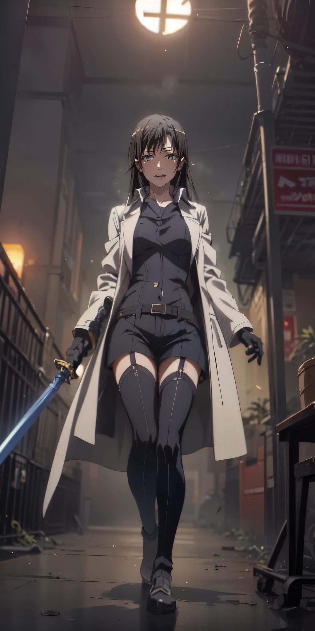 long hair, black hair, blue eyes, 1girl, sword, holding, weapon, solo, gloves, holding_weapon, standing, ((holding_sword)), thighhighs, black_legwear, looking_at_viewer, outdoors, long_sleeves, breasts, wide_sleeves, garter_straps, dual_wielding, coat, medium_breasts, night, black_capelet, white_jacket, blurry_background, black_shirt, black_skirt, open_coat, short_shorts, shorts, "glow effects, godrays, Hand drawn, render, 8k, octane render, cinema 4d, blender, dark, atmospheric 4k ultra detailed, cinematic, Sharp focus, big depth of field, Masterpiece, colors, 3d octane render, 4k, concept art, trending on artstation, hyperrealistic, Vivid colors, extremely detailed CG unity 8k wallpaper, trending on CGSociety, Intricate, High Detail, dramatic", anime coloring, anime screencap, sweating, steaming body, fog