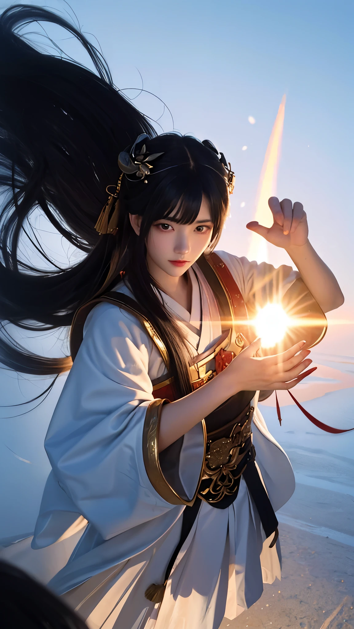 Intellectual woman personified as Hakuryu, equipped with a sword, dressed in Japanese clothing, wearing a hegemony, going to war, battles above the clouds in the night sky under the full moon, black hair cascading down, focused expression, deep in thought, has a ball of light emanating from her, serving her divine purpose with a determined gaze, detailed and high-quality image, masterpiece, epic style, full-body portrait, bold font, eye-catching cover, dynamic composition, intense and engaging scene.