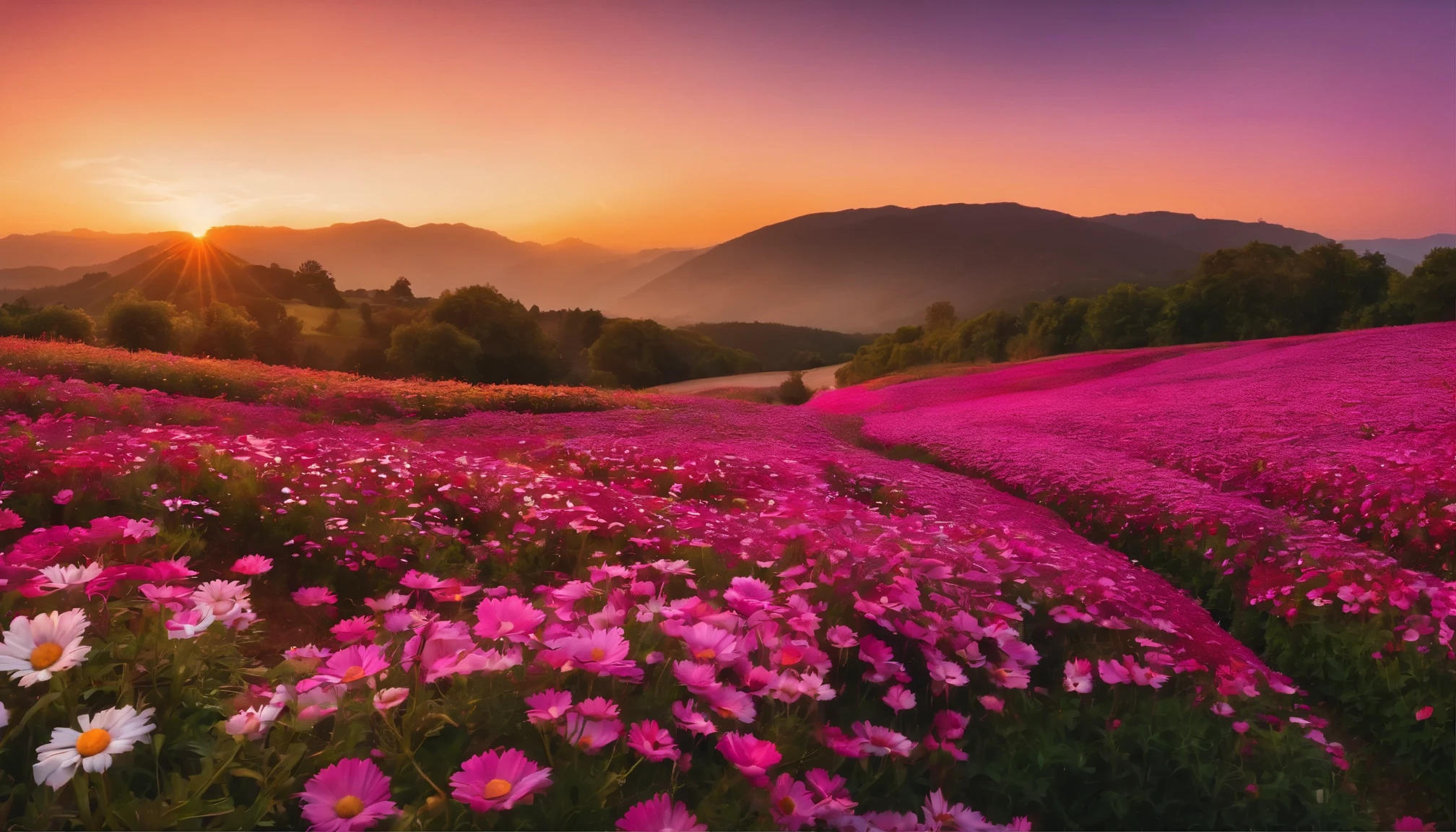 10,000 daisy flowers, Beautiful and perfect, eventide，Fuchsia sky，vibrant with colors.High saturation，