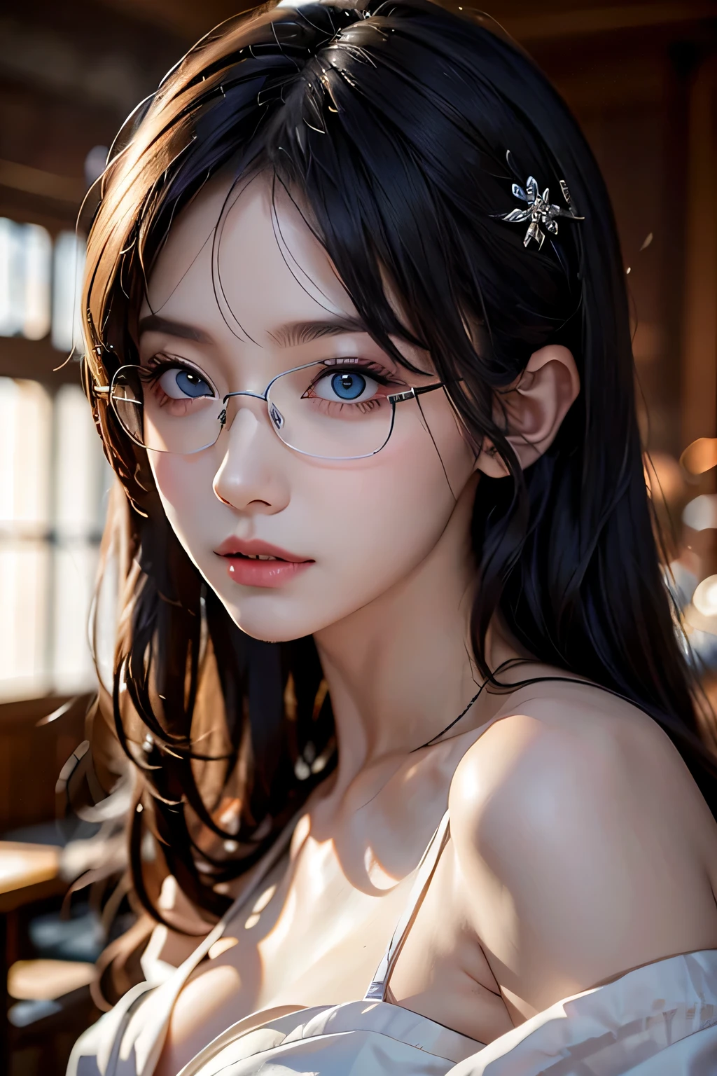 8k、High resolution、Kanban Lady、beautiful girl、gothic costume、young、white skin,、narrow eyes,high nose,lighting that illuminates the face、clear image、intellectual beauty、skinny、no makeup、anxious look、lighting that illuminates the face,shining hair、single eyelid,blue eyes、at shop、vivid pose、female clerk,wearing glasses
