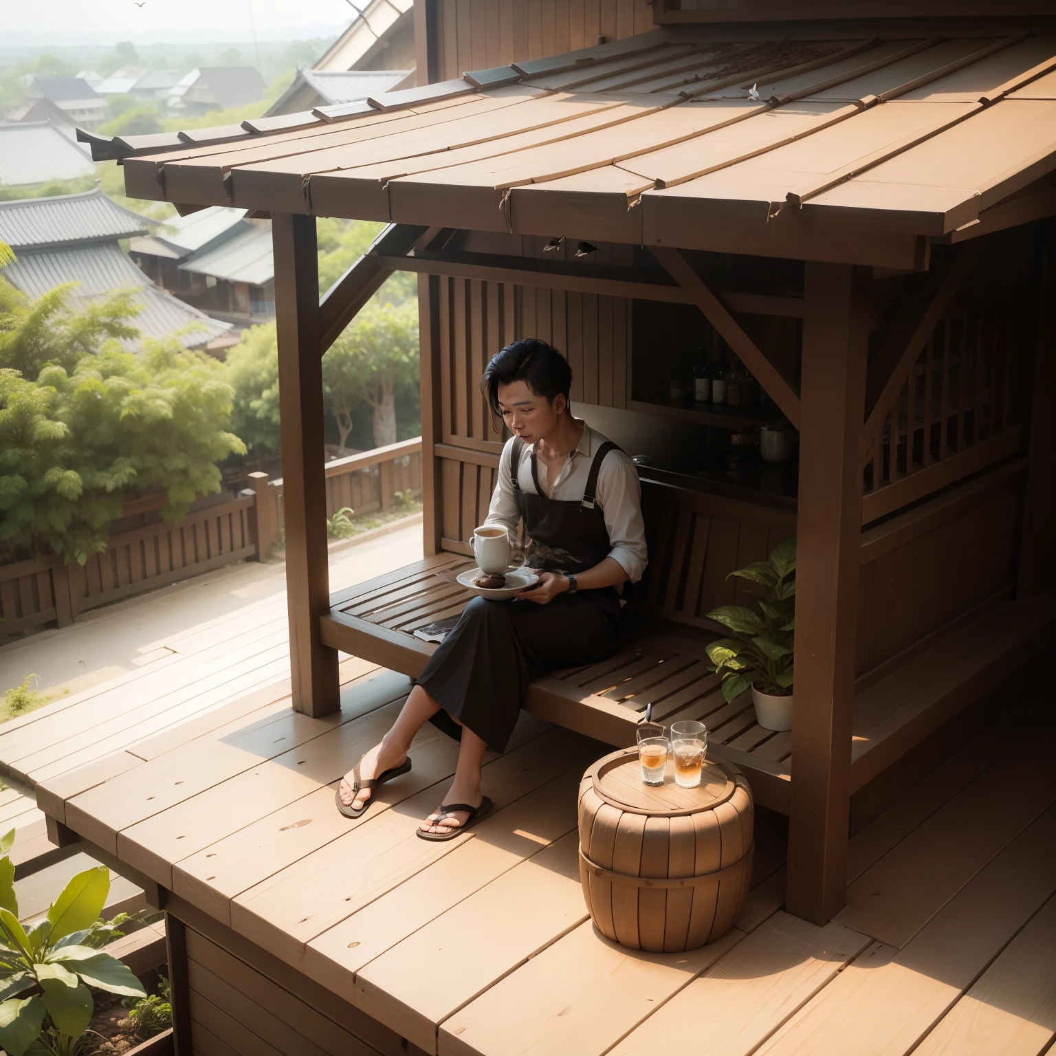 Cowok minum kopi di teras rumah sambil melihat burung