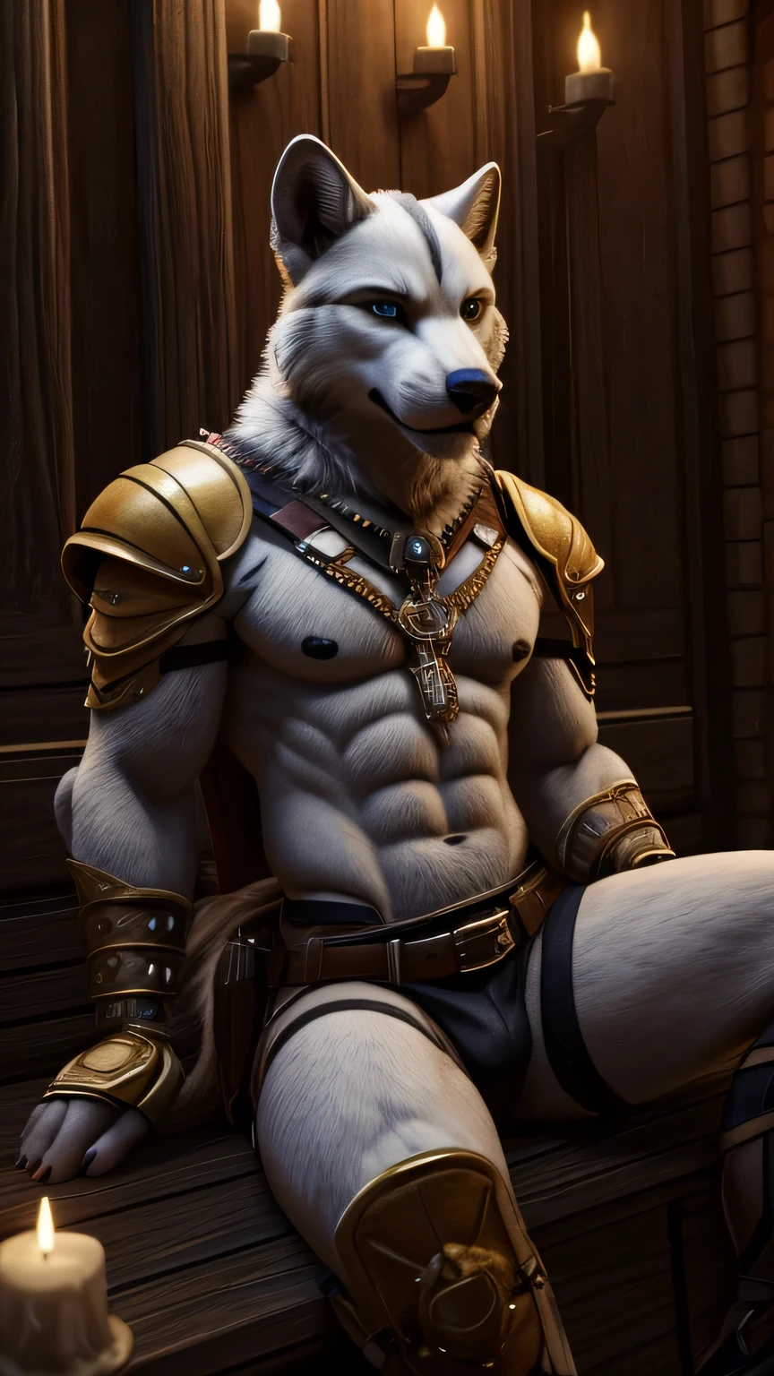 White wolf puppy. Baby , small, , Male, holding, is sitting, weapon, shoulder pads, Path, belt, Male focus, horns,Background to the war, colored leather, fire, candle, Without clothing , completely naked.vagina , ((Masterpiece, Best quality))