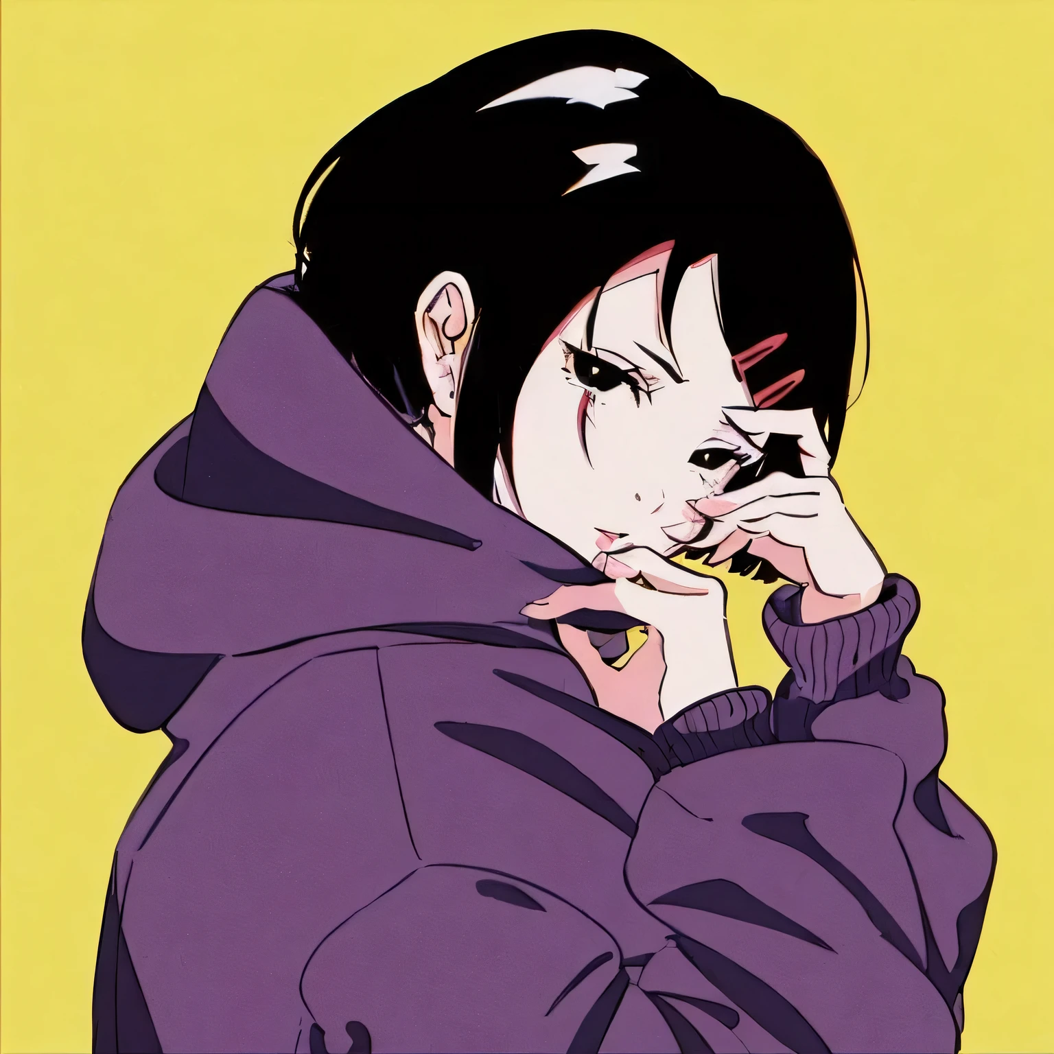 garota anime com jaqueta roxa com fundo amarelo, garota de cabelo preto usando moletom, Kuvshinov Ilya, estilo de Ilya Kuvshinov, kuvshinov, ( Ilya Kuvshinov ), Ilya Kuvshinov, estilo de anime limpo e detalhado, Estilo de arte de anime dos anos 90, estilo anime plano, Estilo de arte : Ilya Kuvshinov, garota lofi