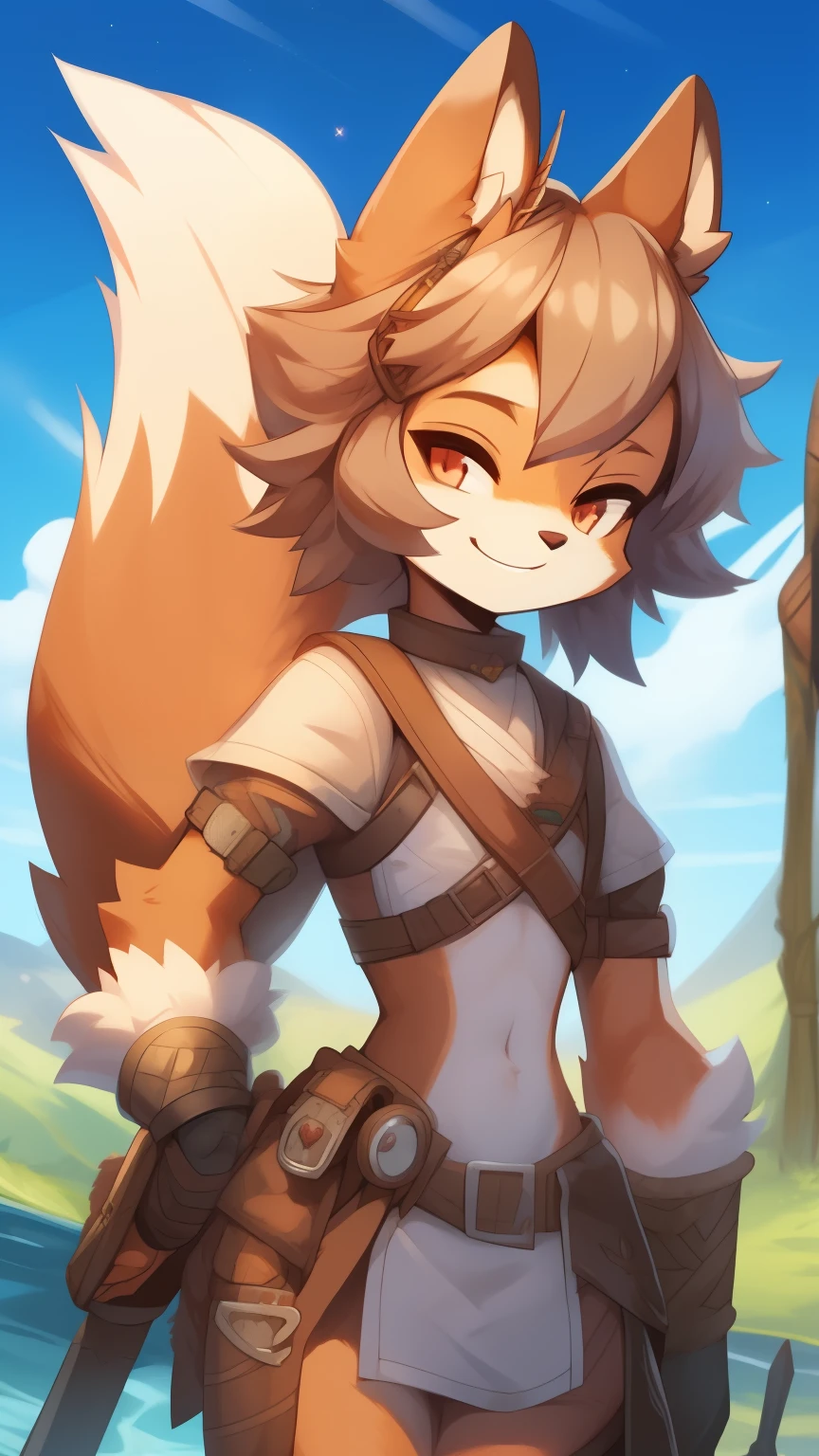 Best quality, Super detailed illustration, (fluffy squirrel boy:1.4) , feminine face and body, disheveled thick hair, Adventurer Equipment,  smug smile, Half-closed eyes , Femboy, small waist, wide hips, Slim, Perfect body, DND style