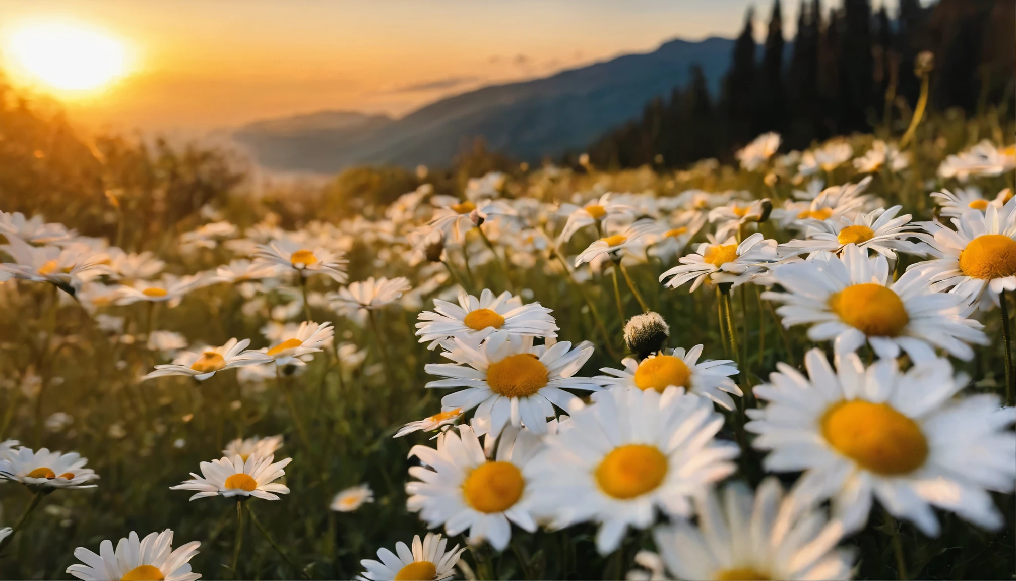 10,000 daisy flowers, Beautiful and perfect, eventide,blue sky,vibrant with colors.High saturation,
