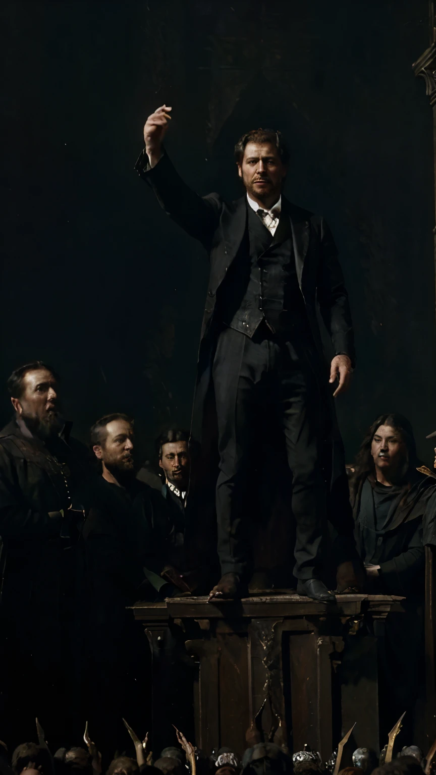 (dark fantasy rpg artwork) a epic oil painting artwork of a modern days human president ( wearing a modern fancy black suit ) making a statement on a higher position of power, he is talking with a crowd of creatures and fantasy monsters as your crowd on a position below him, a human talking with monster creatures on a position of power above all of them