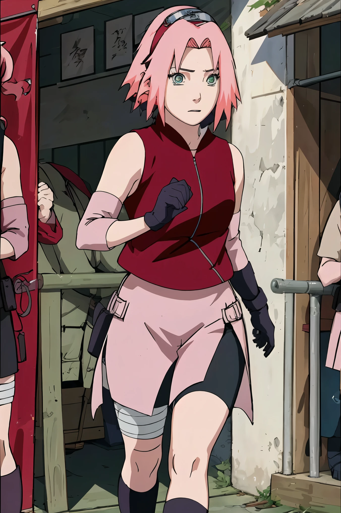 High-quality, ultra-detailed, realistic artwork of a scene from "Sakura Shippuden" with vivid colors, perfect for 4K or 8K resolutions. The scene depicts Sakura Haruno, a young woman, standing gracefully in a garden surrounded by blooming sakura (cherry blossom) trees. She is wearing a red jacket embroidered with the symbol of Konohagakure, the Hidden Leaf Village. Her leg is bandaged, indicating a recent injury. Sakura is wearing a short skirt and toeless footwear, emphasizing her femininity and agility.

Sakura has shoulder-length bangs that softly frame her face, revealing her beautiful, green eyes. Her face is adorned with a forehead protector, which bears the Konohagakure symbol, signifying her allegiance to her village. The artwork showcases Sakura's attention to detail, including her long eyelashes, detailed lips, and delicate features, capturing her determination and inner strength.

The lighting in the scene is soft and warm, casting a gentle glow on the petals of the sakura blossoms. The vibrant colors of the cherry blossoms contrast against Sakura's black short sleeves and gloves, adding depth to the composition. The overall color scheme leans towards pastel tones, enhancing the serene and tranquil atmosphere of the garden.

This masterpiece artwork aims to capture the essence of Sakura Haruno's character, portraying her as a confident, skilled kunoichi amidst the delicate beauty of the sakura garden. The attention to detail, vibrant colors, and realistic rendering will bring this scene to life, evoking the spirit of "Sakura Shippuden" in a visually stunning manner.