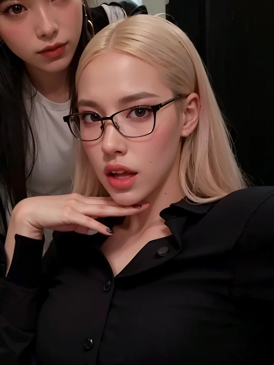 There are two women who are sitting together in a room, with anteojos, ava max, jossi de blackpink, portrait of jossi de blackpink, black anteojos, kda, parque roseanne de blackpink, with anteojos on, cl, anya_taylor-joy, anteojos, thick anteojos, bella delfina, wearing black anteojos, wearing anteojos, with black eyeanteojos