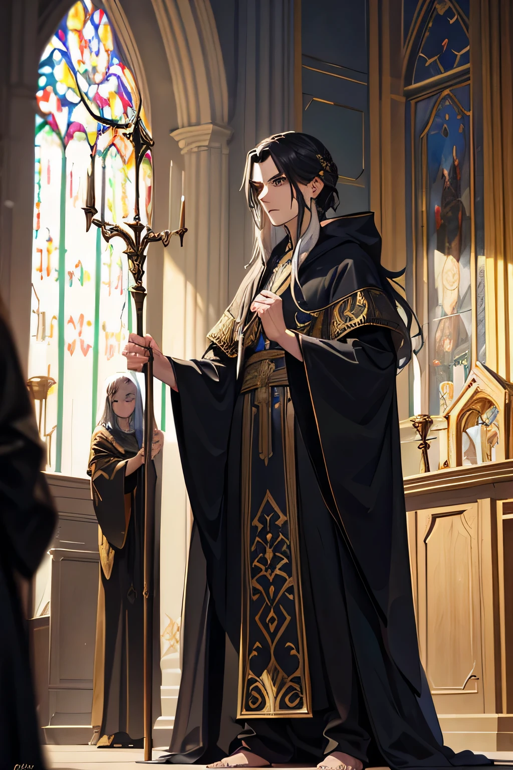 A wizard wearing a gorgeous wormwood-colored robe，face needs darkness，只able隱約看到臉部表情，around thirty years old，A man with exquisite facial features，Holding a gorgeous scepter，wearing a robe, The robe is black gold.，Standing in a medieval church，Exquisite facial features，Normal extremities，able&#39;Will not deform