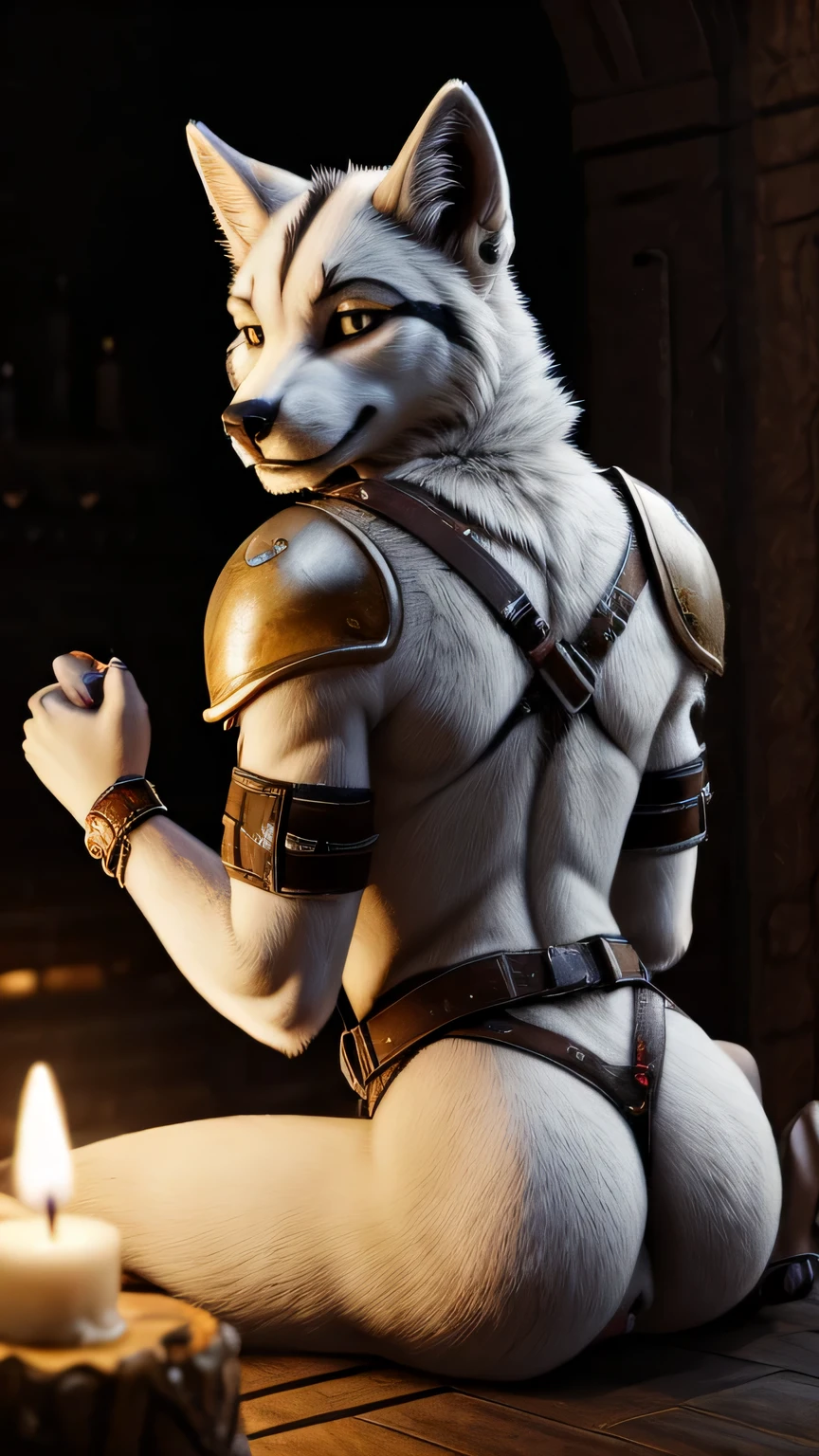White wolf puppy. Baby , small, , Male, holding, is sitting, weapon, shoulder pads, Path, belt, Male focus, horns,Background to the war, colored leather, fire, candle, Without clothing , completely naked.vagina , ((Masterpiece, Best quality))