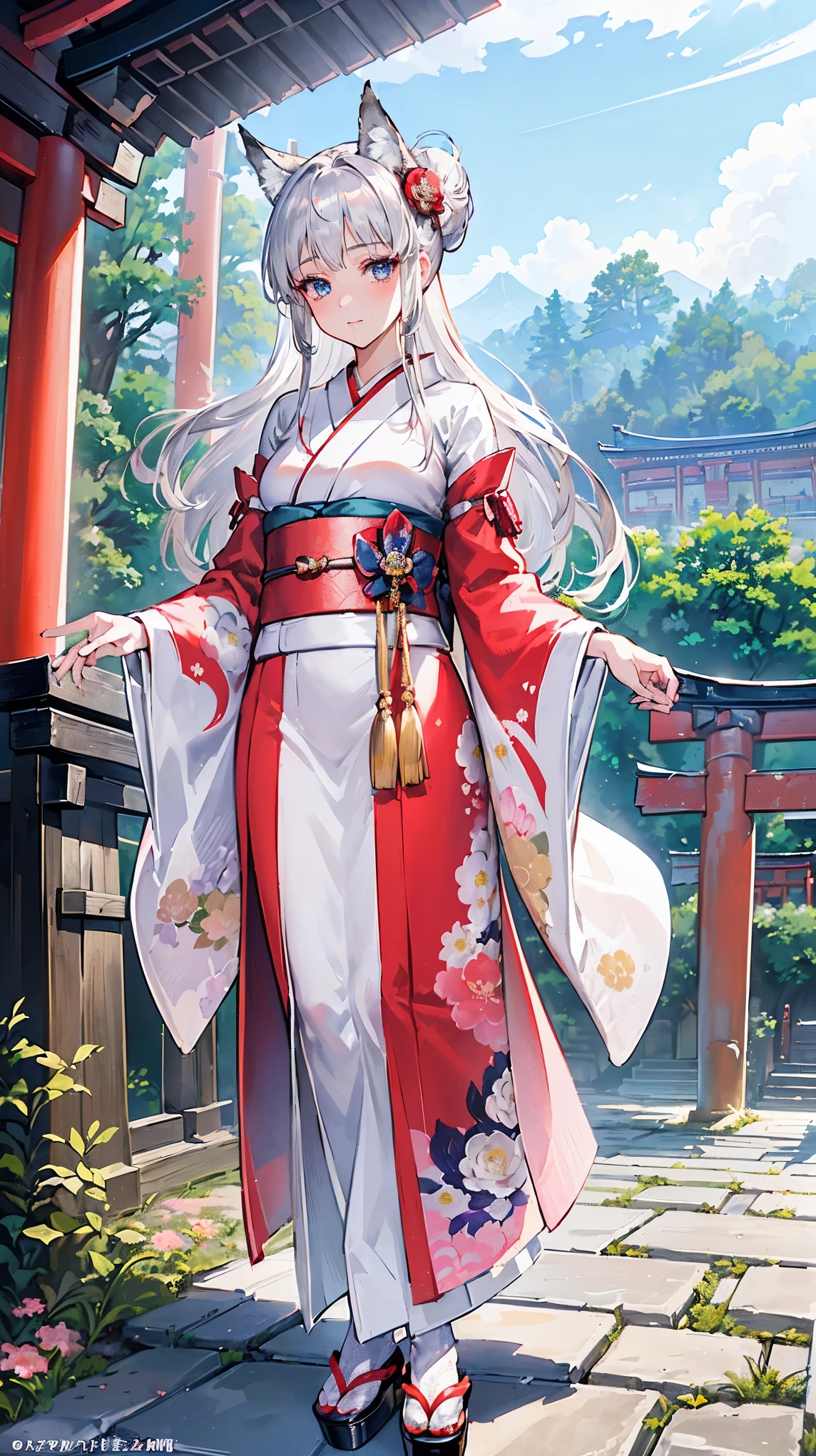 masterpiece, best quality, absurdres, perfect anatomy, 1girl, solo, Irisviel von Einzbern, medium breasts, long hair, (samurai), japanese armor, shoulder armor, standing, outdoors, japanese village, smile, confident stance, dynamic angle, hand on hips