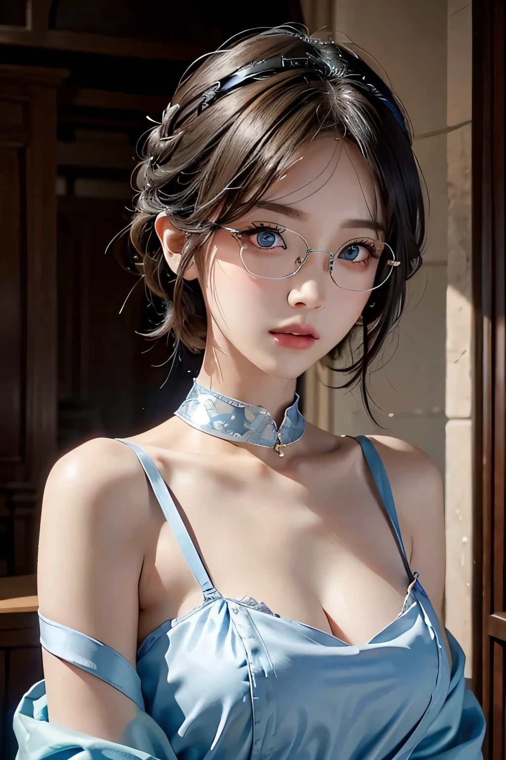 masterpiece, best quality, illustration, (dynamic lighting:1.2), cinematic lighting, reflection, delicate facial features, ultra-detailed eyes, sharp pupils, realistic pupils, depth of field, sharp focus, (hyper-detailed, bloom, glow:1.4), exceptional beauty, alluring face, cute look, multicolored hair, ponytail, high ponytail, (ponytail:1.3), (high_ponytail:1.2), long ponytail, (blonde_hair:1.3), shining hair, bangs, long side bang, enchanting blue eyes, shiny, sparkle, sparkling, elegance, jewelry, ornaments, 1girl, solo focus, medium full shot, cowboy shot, white skin, intense bright, absurdres, high-res, ultra-detailed, large breasts, perfect breasts, hair ornaments, earrings, perfect arms, perfect hands, perfect fingers, detailed hands, detailed fingers, perfect body, perfect, embarrassing, blushing, smiling, angelic, expert shading, extreme light effects, intense bright, glare, sharp eyelash, red lips, dynamic pose, tying hair, hand on hair, huge smile, beautiful, accurate anatomy, perfect anatomy, showing body curves, eyeglasses, (eyeglasses:1.4), (round_eyeglasses:1.2), wearing glasses, renaissance, sunshine, princess, goddess, crown, tiara, halo, pool, swimming pool, water, liquid, submerged , wet body, (submerged_body:1.3), water droplets, off shoulder, bare shoulders, perfect shoulders, collarbone, detailed collarbone, cleavage, beautiful body, no strap, strapless, bare arms, completely naked arms, naked lower arms, maximum exposure, minimum coverage, exposed body, exposed midriff, exposed belly, exposed waist, exposed hip, bare thighs, naked thighs, sleeveless, no sleeves, nude, no clothes, completely nude, topless, full nude, bare breasts, exposed breasts, (exposed_breasts:1.5), nipples, pink nipples, erected nipples, perfect nipples, pink nipples, (exposed_nipples:1.3), nsfw, (nsfw:1.8), exposed nipples, fully undressed, girl undressed, clothes removed, completely naked breasts, fully undressed, no censoring