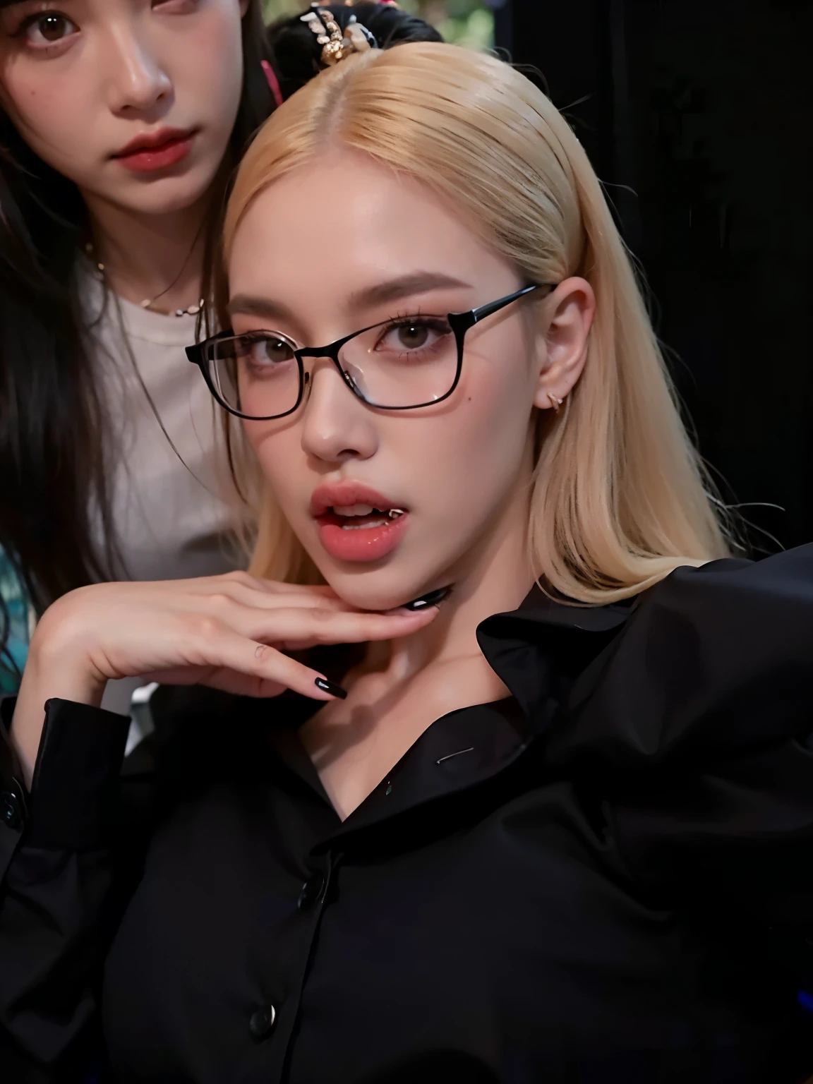There are two women who are sitting together in a room, with anteojos, ava max, jossi de blackpink, portrait of jossi de blackpink, black anteojos, kda, parque roseanne de blackpink, with anteojos on, cl, anya_taylor-joy, anteojos, thick anteojos, bella delfina, wearing black anteojos, wearing anteojos, with black eyeanteojos