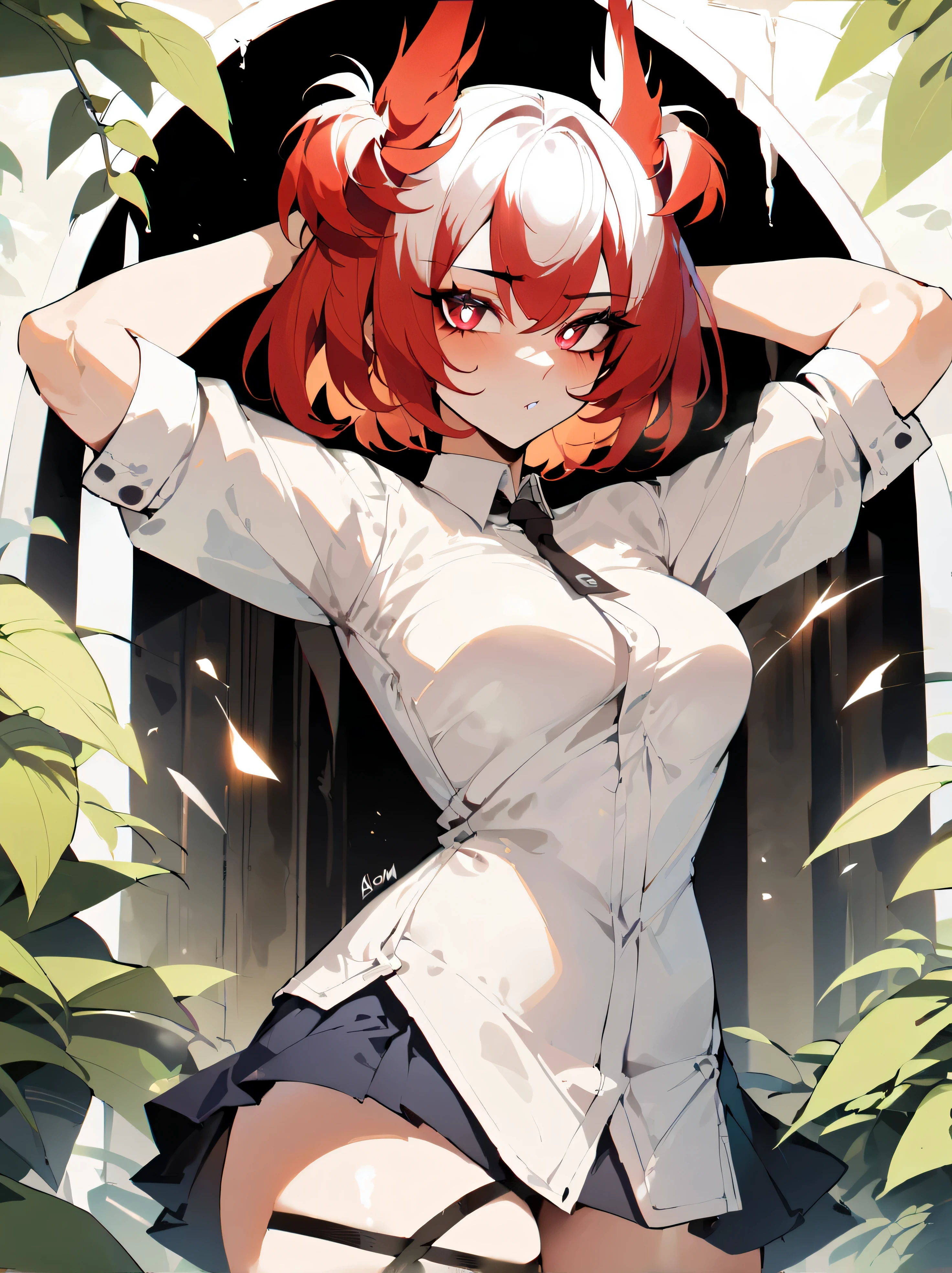 1 girl, Fiammetta (Italy) \(polar nights\), the ark is a masterpiece, Best quality, newest, Ideal Anatomy, detailed,, slender body, , detailed eyes, преRed eyes ||||| At school, green, ||||| from the nanny, author: omone hokoma agm, Realistic ||||| ||||| Red eyes, her hair is completely red,completely red hair, ,blush,, school outfit, School skirt,