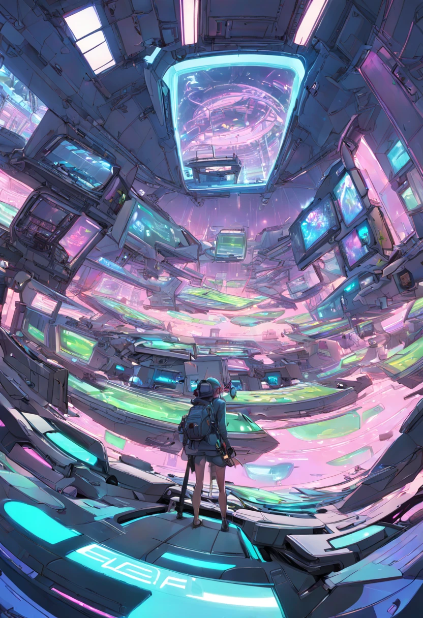 Type of Image: Concept Art Sketch, Subject Description: A futuristic rice paddy with advanced agriculture drones flying overhead, Art Styles: Cyberpunk, Art Inspirations: Syd Mead, Camera: fish-eye, Shot: POV, Render Related Information: detailed, neon lighting, volumetric light, aesthetic