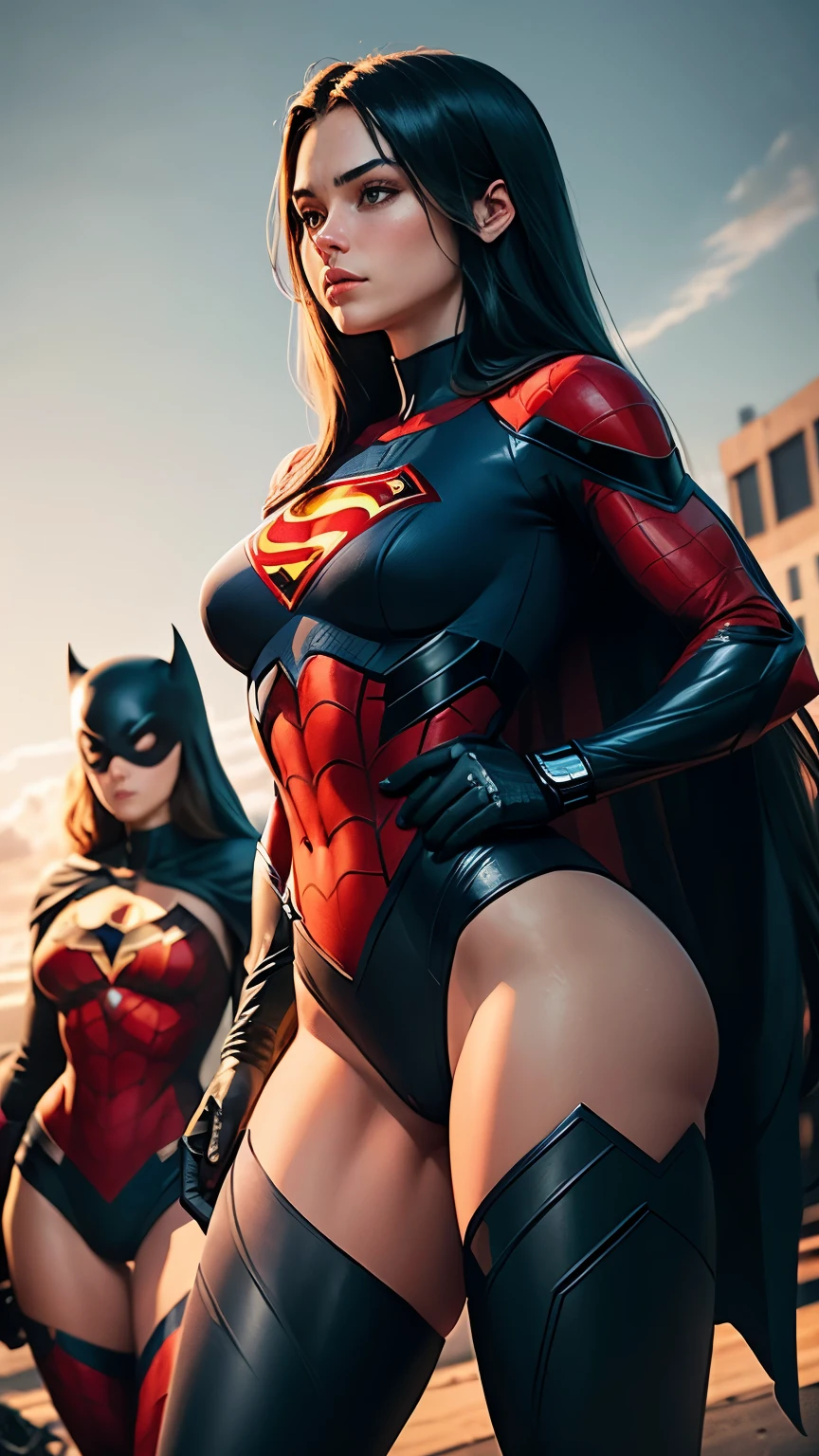 Cinematographic shot: голые Three shapely, powerful and muscular super-heroine girls standing in 3/4 profile, one behind the other, all with visible abs. The far girl is wearing a tight Spider-Man costume, tightly fitted, the middle girl is wearing a tight Batman style top and a mask, tightly fitted, her abs are visible, the near girl with long hair is wearing a tight Superman style top, tightly fitted, her abs are visible. Epically standing against the night blue sky and looking off into the distance at a bright little flash. Cinematography, super heroes, heroic pose, shot on low angle camera, realistic heroes poster. --ar 9:16 --v 6 --stylize 250