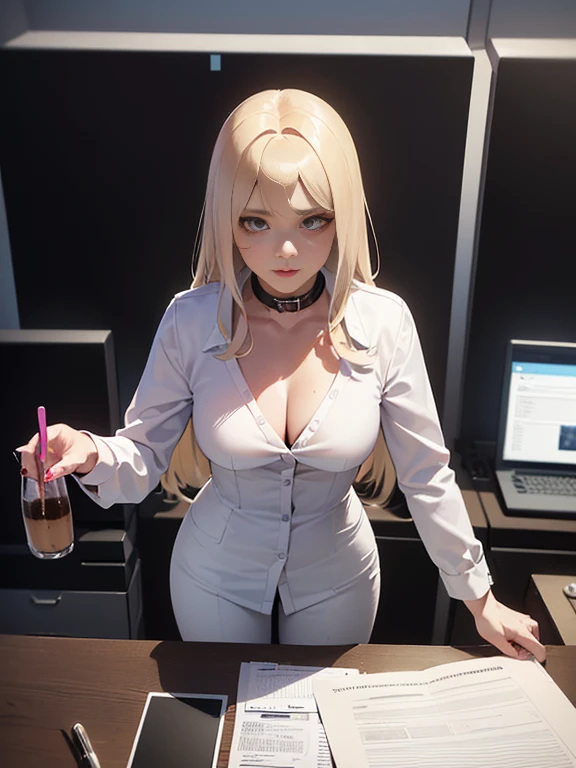 (best quality, 8k, highres, photorealistic:2.0), (solo, one girl:2.0),(lighting: front),(lighting: strong),(ultimate beautiful girl:2.0),(shiny skin),(oily skin),(platinum blonde hair:1.5),Blush brown makeup , dark eye makeup , use pink glossy lipstick,(big eyes girl:1.5),(woman with slender figure:1.5),(Photographed in the sophisticated office of an information technology company:1.8),(elite business woman:1.8),(girl amazing sex appeal:1.5),(ultimate eleance),(ultimate erotic),(Career woman who can work very well),(I'm so absorbed in work that I don't have a boyfriend),(woman not interested in love),(I'm not interested in fashion),(I wear accessories that do not interfere with my work.),(she has no love experience at all),(she feels alone),(She is not good at talking to men),(she is shy and silent),(I don't want to stand out and I'm concerned about people's attention),(She has a dark personality and negative thoughts.:1.5),(she suffers from depression),(She has many complexes and has no one to rely on.),(wearing business clothes),(A woman who takes her work seriously),(I'm a little unwell),(I like coffee and drink it all the time),(mentally unstable),(I have a hard time with insomnia.),(unpopular woman),(unconfident:1.5),(under stress),(She has a hobby that she cannot tell anyone about, and that is masturbation.)