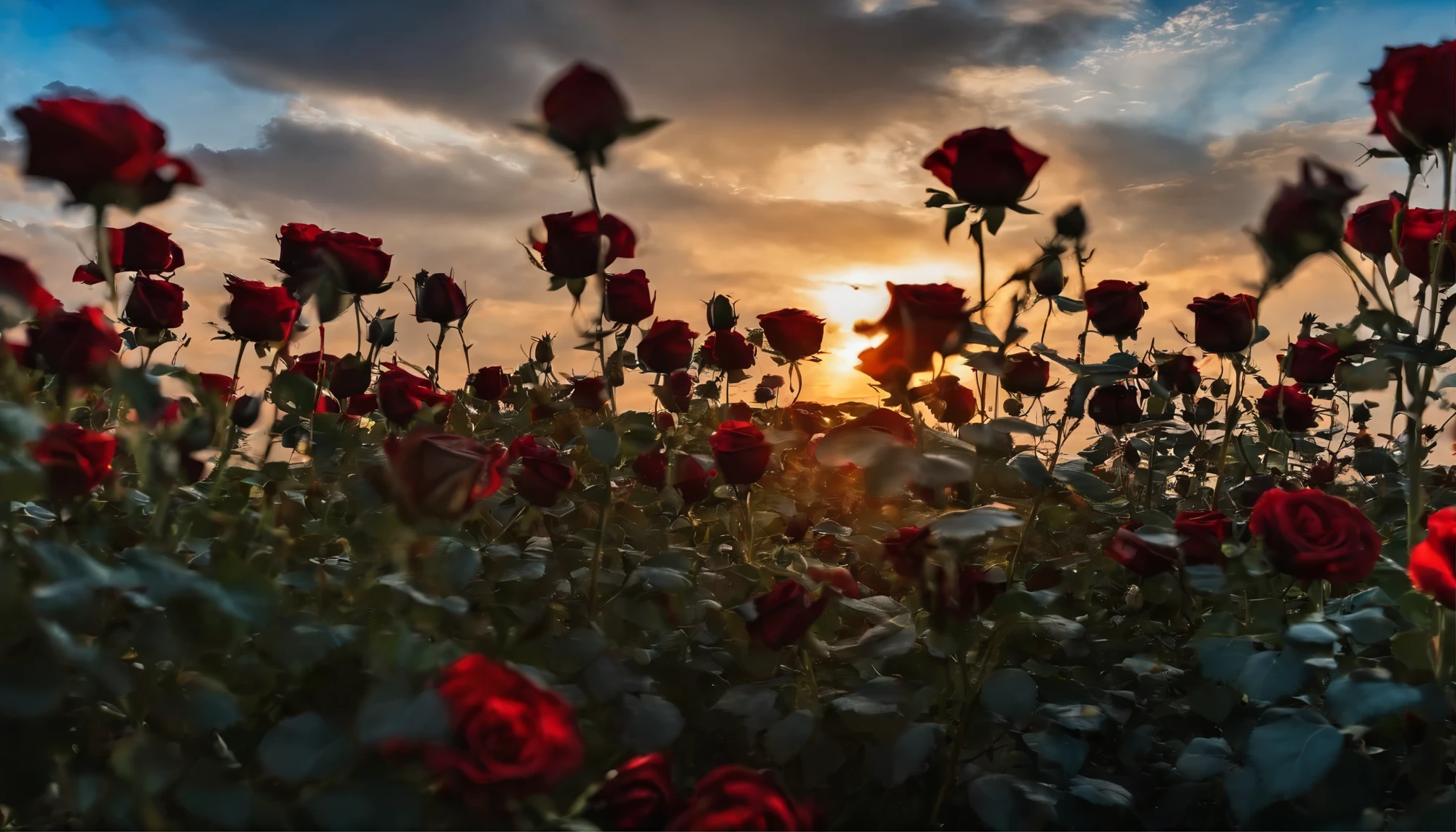 10,000 black rose flowers, Beautiful and perfect, eventide,blue sky,vibrant with colors.High saturation,