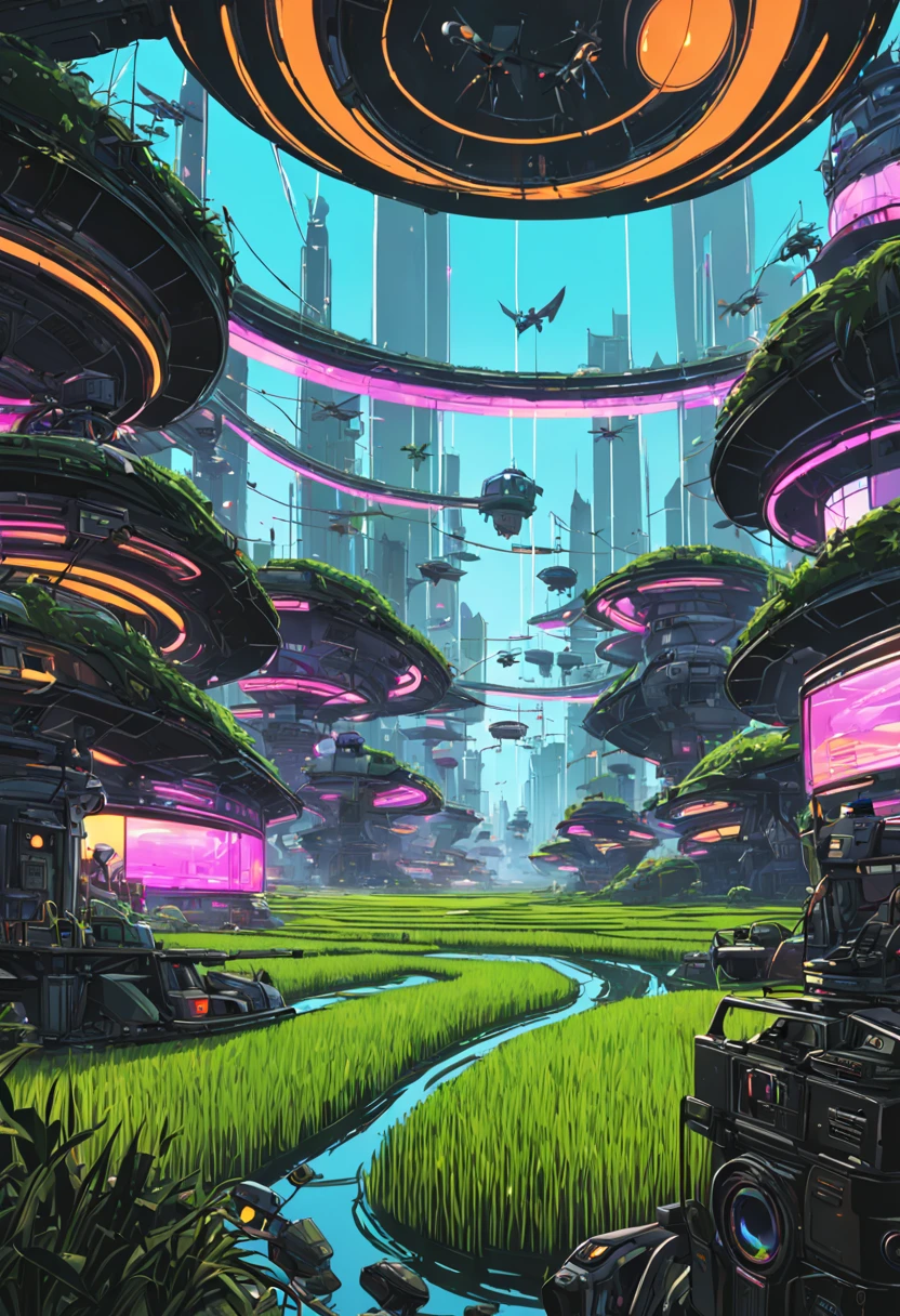 Type of Image: Concept Art Sketch, Subject Description: A futuristic rice paddy with advanced agriculture drones flying overhead, Art Styles: Cyberpunk, Art Inspirations: Syd Mead, Camera: fish-eye, Shot: POV, Render Related Information: detailed, neon lighting, volumetric light, aesthetic