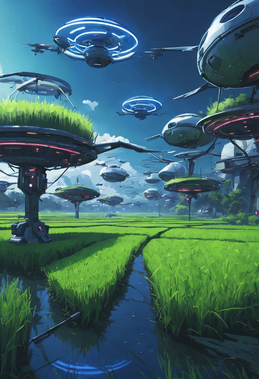 Type of Image: Concept Art Sketch, Subject Description: A futuristic rice paddy with advanced agriculture drones flying overhead, Art Styles: Cyberpunk, Art Inspirations: Syd Mead, Camera: fish-eye, Shot: POV, Render Related Information: detailed, neon lighting, volumetric light, aesthetic