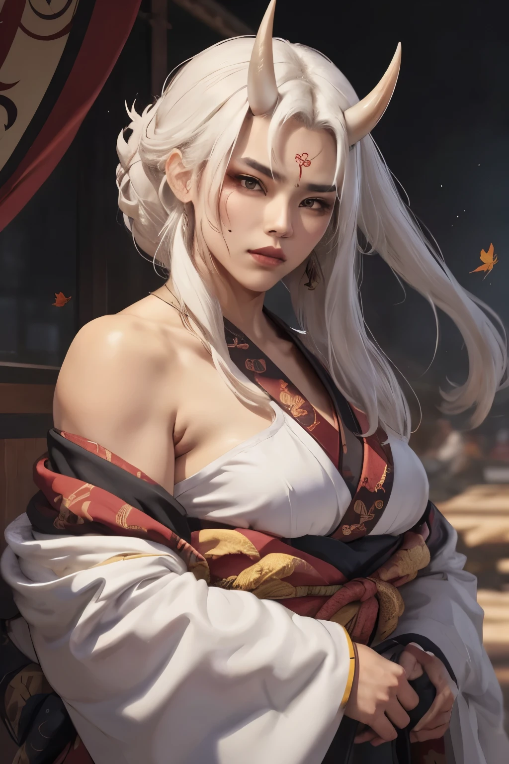 beautiful asian oni female warrior, wearing short fall off shoulders kimono , with thick curvy mature body yet muscular, long and voluminous white hair blown by the wind, 2 long oni horns, reddish fair skin , perfect face features expressive eyes , thick lips,