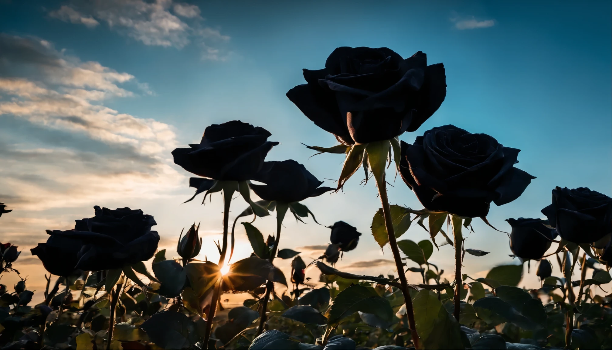 10,000 black rose flowers, Beautiful and perfect, eventide，blue sky，vibrant with colors.High saturation，