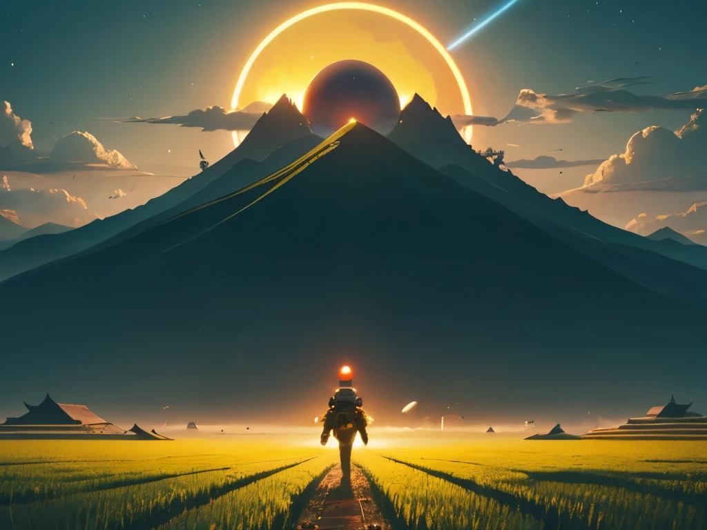 Sci-fi, fantasy, alien planet, rice paddy, beautiful scenery of alien planet, little mountains, colorful sky, yellow sun, second red sun, humanoid futuristic mechanical robot with a Chinese cap on his head harvest rice, He walks in knee-deep muddy water, in the far distance a poor futuristic village, depth of field, full shot, film grain, 8k,