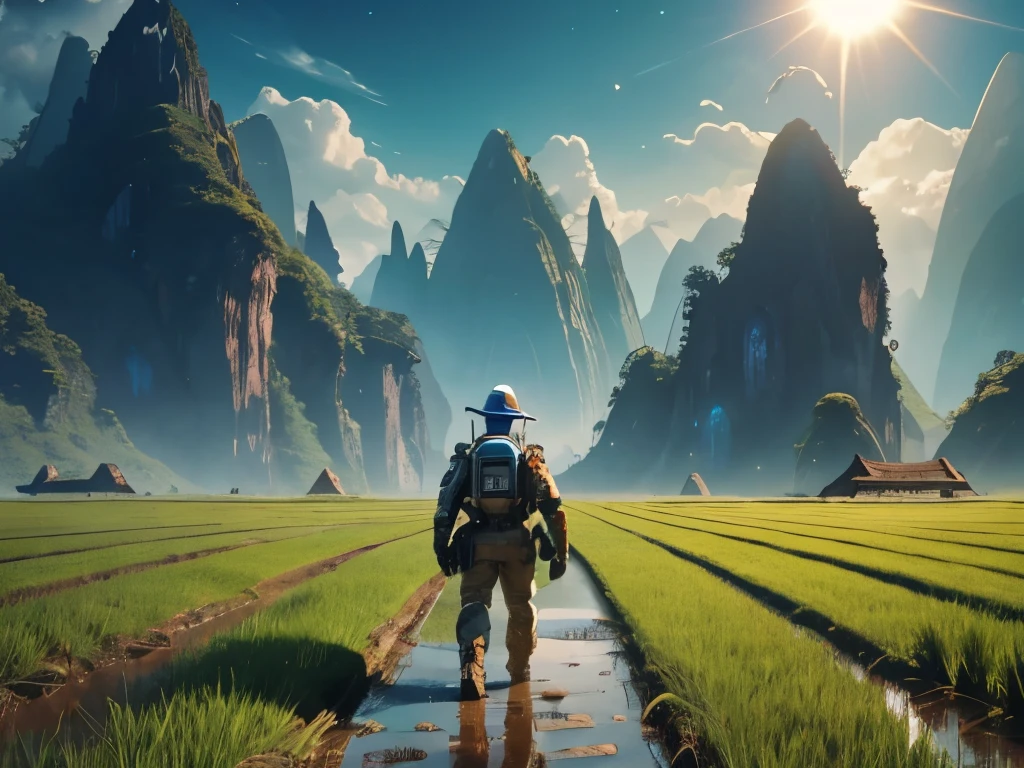 Sci-fi, fantasy, alien planet, rice paddy, beautiful scenery of alien planet, little mountains, colorful sky, blue sun, second red sun, humanoid futuristic robot  with a Chinese cap on his head harvest rice, He walks in knee-deep muddy water, in the far distance a poor futuristic village, depth of field, full shot, film grain, 8k,