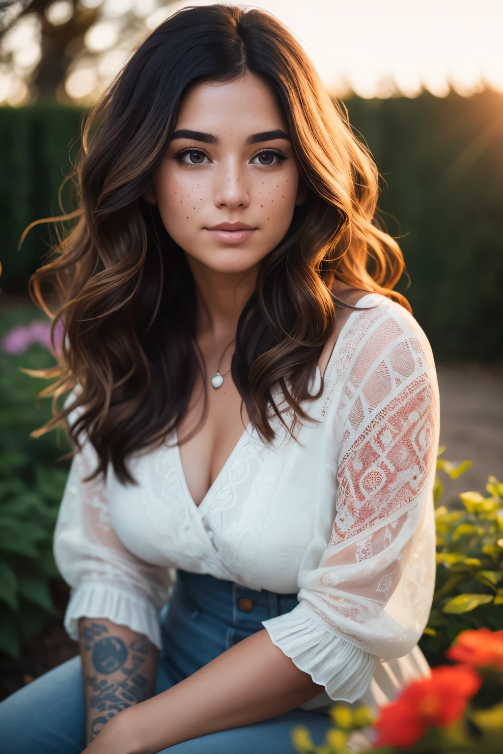Photo of a woman with medium length wavy hair, rule of thirds composition, dramatic lighting, ((Detailed face:1.2)), ((detailed facial features: nose 1.5)), a smirk playing on her lips, freckles scattering across her nose and cheeks, a tattoo peeking out from under her sleeve, ((paused image)), sitting in a garden environment, full body view, Canon EOS R6, 85mm Lens, F/1.8, cinematic lighting, high definition, realistic, best quality.