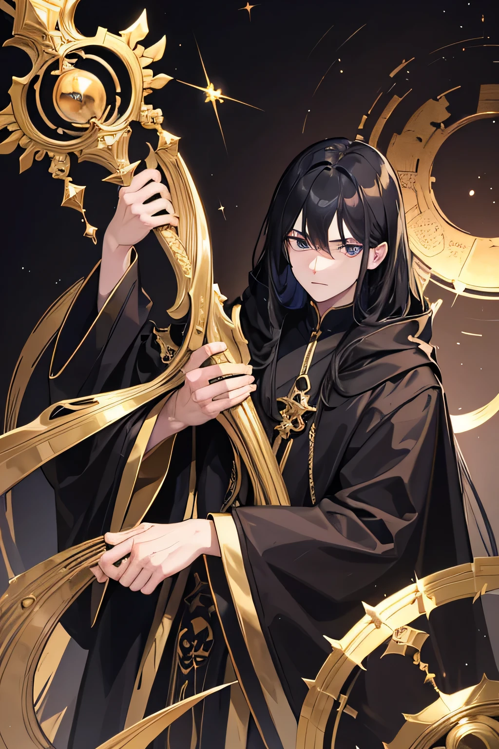 Male wizard wearing black ornate robes,The robe wears both the face and the face,Showing only a trace of his face,face needs darkness,只able隱約看到臉部表情,around thirty years old,A man with exquisite facial features,Holding gorgeous priest'Cross,wearing a robe, The robe is black gold.,Praying alone in front of a statue of Satan,Surrounded by dilapidated churches,Exquisite face shape,Normal extremities,Fingers are normal,able'Will not deform