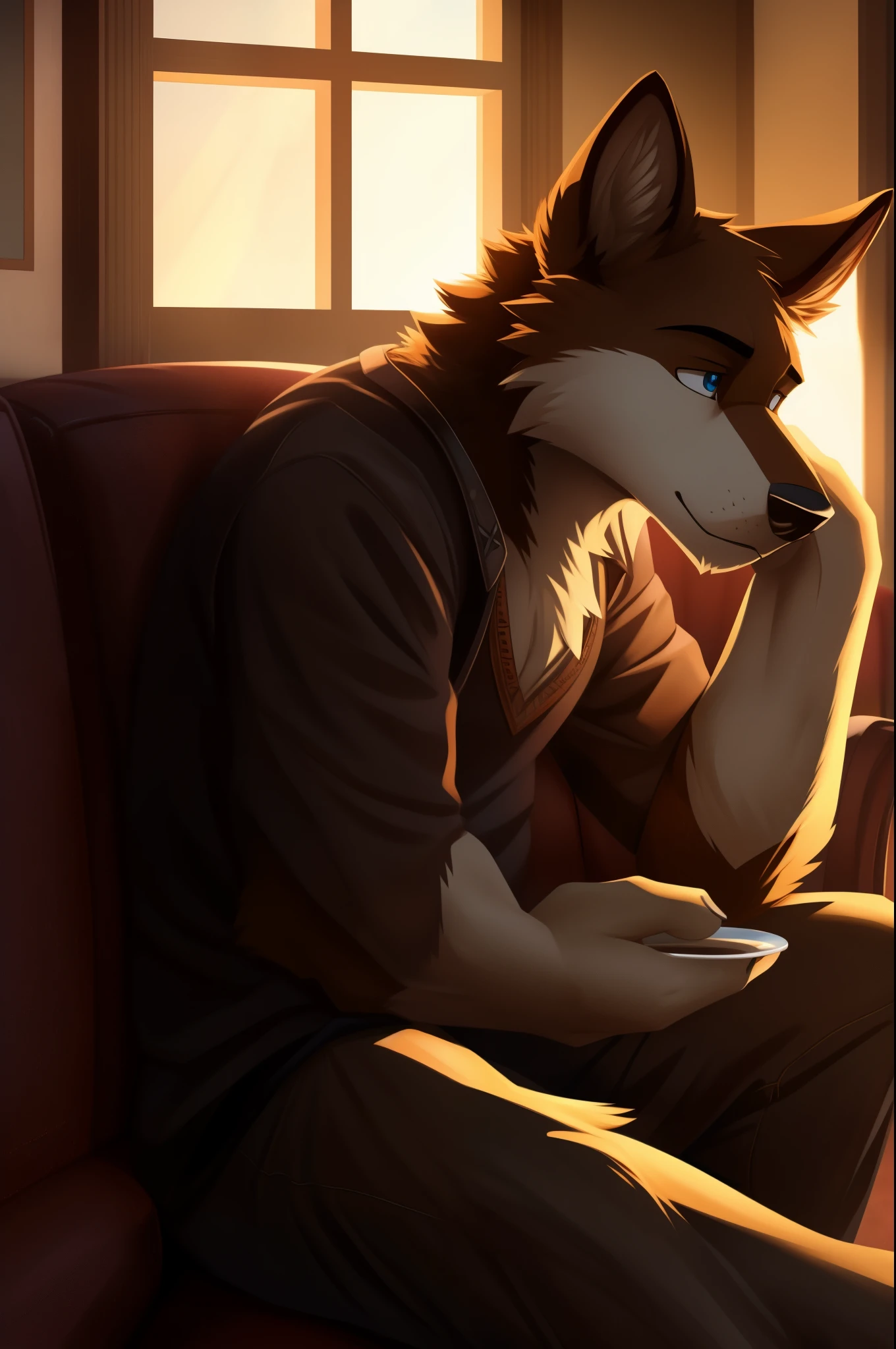 A canine character from the film "White Beam" with distinct black ear, sitting alone on a worn-out couch, deep in thought, his gaze fixed on an empty plate next to him, the potential prey of his friend or foe, his eyes reflecting a sense of contemplation and uncertainty, the scene bathed in soft, warm lighting, 4k resolution, hyperdetailed textures.