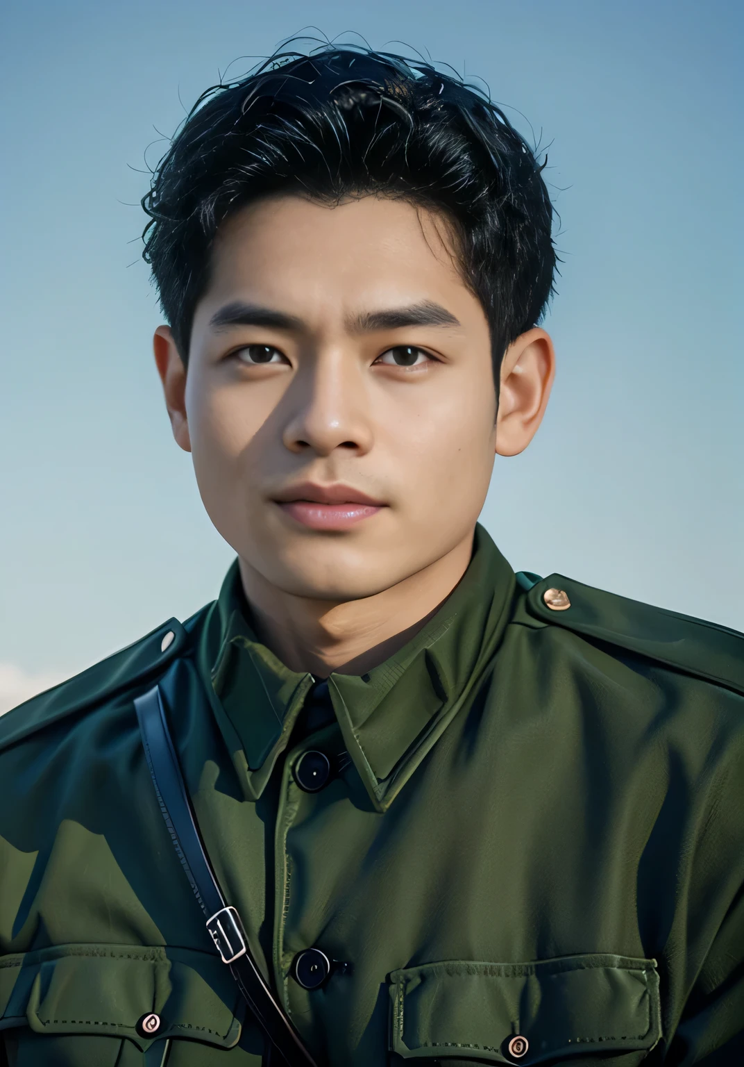 Highly realistic photo, ((masterpiece), (best quality), (raw photo), (photorealistic:1.4), Portrait of Vietnamese soldiers in 1975, 27 years olds, ((double eyelids)), ((curly hair)) ((wearing green uniforms)), ((light blue background)), photo taken by Sony A7IV