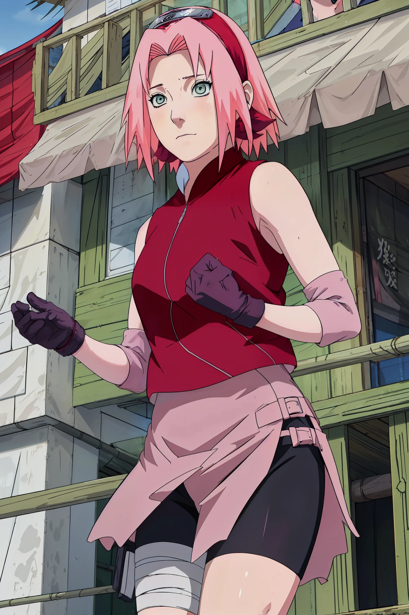 High-quality, ultra-detailed, realistic artwork of a scene from "Sakura Shippuden" with vivid colors, perfect for 4K or 8K resolutions. The scene depicts Sakura Haruno, a young woman, standing gracefully in a garden surrounded by blooming sakura (cherry blossom) trees. She is wearing a red jacket embroidered with the symbol of Konohagakure, the Hidden Leaf Village. Her leg is bandaged, indicating a recent injury. Sakura is wearing a short skirt and toeless footwear, emphasizing her femininity and agility.

Sakura has shoulder-length bangs that softly frame her face, revealing her beautiful, green eyes. Her face is adorned with a forehead protector, which bears the Konohagakure symbol, signifying her allegiance to her village. The artwork showcases Sakura's attention to detail, including her long eyelashes, detailed lips, and delicate features, capturing her determination and inner strength.

The lighting in the scene is soft and warm, casting a gentle glow on the petals of the sakura blossoms. The vibrant colors of the cherry blossoms contrast against Sakura's black short sleeves and gloves, adding depth to the composition. The overall color scheme leans towards pastel tones, enhancing the serene and tranquil atmosphere of the garden.

This masterpiece artwork aims to capture the essence of Sakura Haruno's character, portraying her as a confident, skilled kunoichi amidst the delicate beauty of the sakura garden. The attention to detail, vibrant colors, and realistic rendering will bring this scene to life, evoking the spirit of "Sakura Shippuden" in a visually stunning manner.