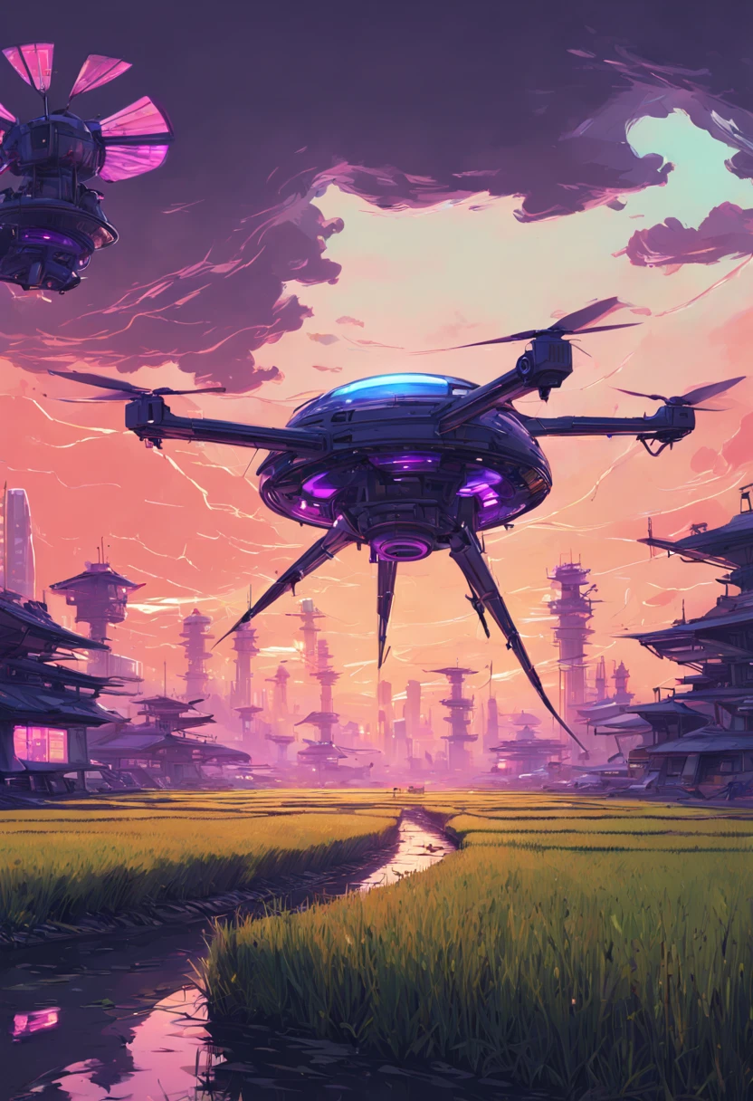 Type of Image: Concept Art Sketch, Subject Description: A futuristic rice paddy with advanced agriculture drones flying overhead, Art Styles: Cyberpunk, Art Inspirations: Syd Mead, Camera: fish-eye, Shot: POV, Render Related Information: detailed, neon lighting, volumetric light, aesthetic