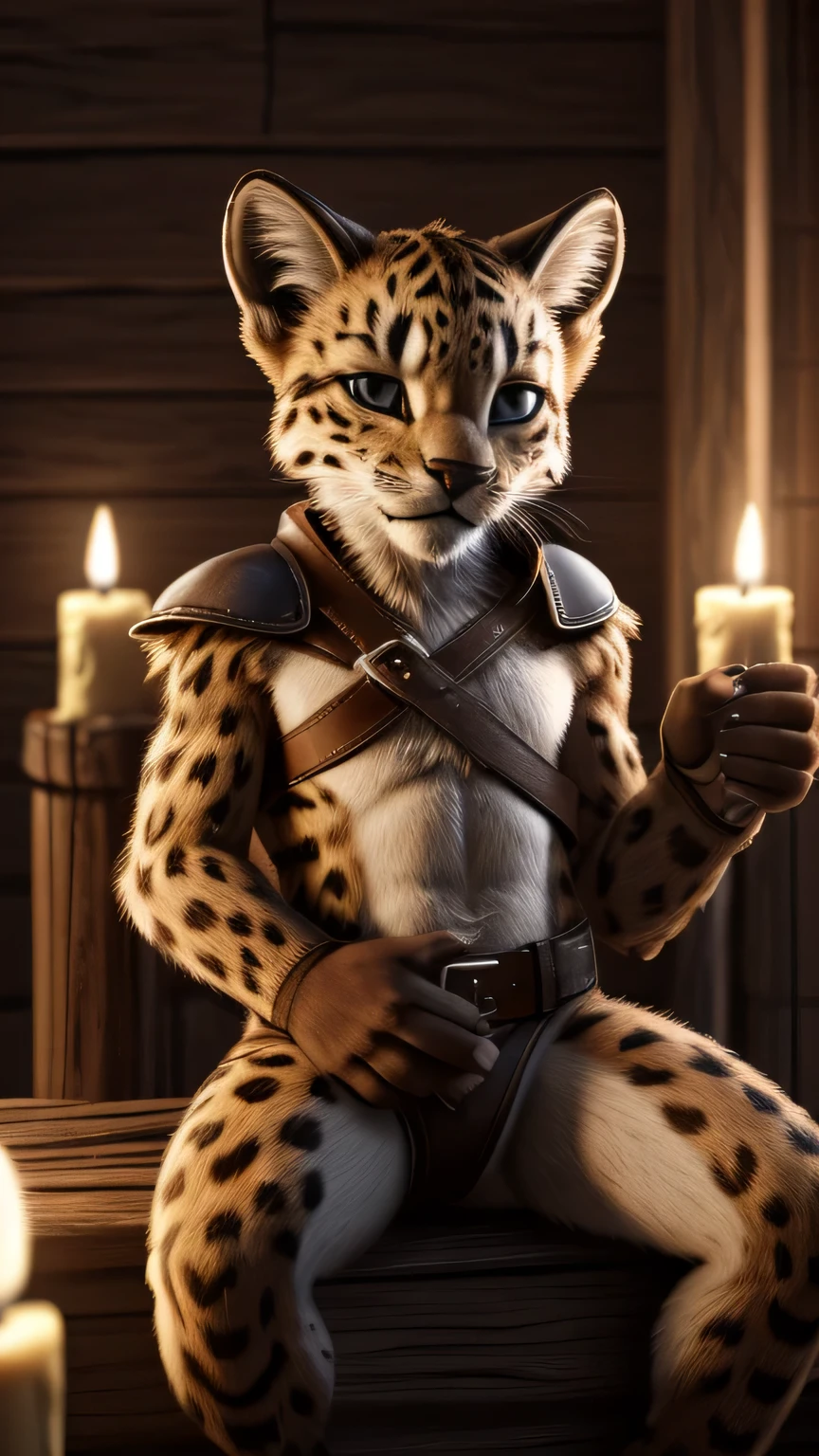 White leopard kitten. Baby , small, , Male, holding, is sitting, weapon, shoulder pads, Path, belt, Male focus, horns,Background to the war, colored leather, fire, candle, Without clothing , completely naked.vagina , ((Masterpiece, Best quality))