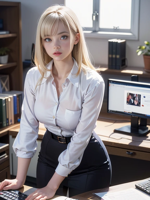 (best quality, 8k, highres, photorealistic:2.0), (solo, one girl:2.0),(lighting: front),(lighting: strong),(ultimate beautiful girl:2.0),(shiny skin),(oily skin),(platinum blonde hair:1.5),Blush brown makeup , dark eye makeup , use pink glossy lipstick,(big eyes girl:1.5),(woman with slender figure:1.5),(Photographed in the sophisticated office of an information technology company:1.8),(elite business woman:1.8),(girl amazing sex appeal:1.5),(ultimate eleance),(ultimate erotic),(Career woman who can work very well),(I'm so absorbed in work that I don't have a boyfriend),(woman not interested in love),(I'm not interested in fashion),(I wear accessories that do not interfere with my work.),(she has no love experience at all),(she feels alone),(She is not good at talking to men),(she is shy and silent),(I don't want to stand out and I'm concerned about people's attention),(She has a dark personality and negative thoughts.:1.5),(she suffers from depression),(She has many complexes and has no one to rely on.),(wearing business clothes),(A woman who takes her work seriously),(I'm a little unwell),(I like coffee and drink it all the time),(mentally unstable),(I have a hard time with insomnia.),(unpopular woman),(unconfident:1.5),(under stress),(She has a hobby that she cannot tell anyone about, and that is masturbation.)