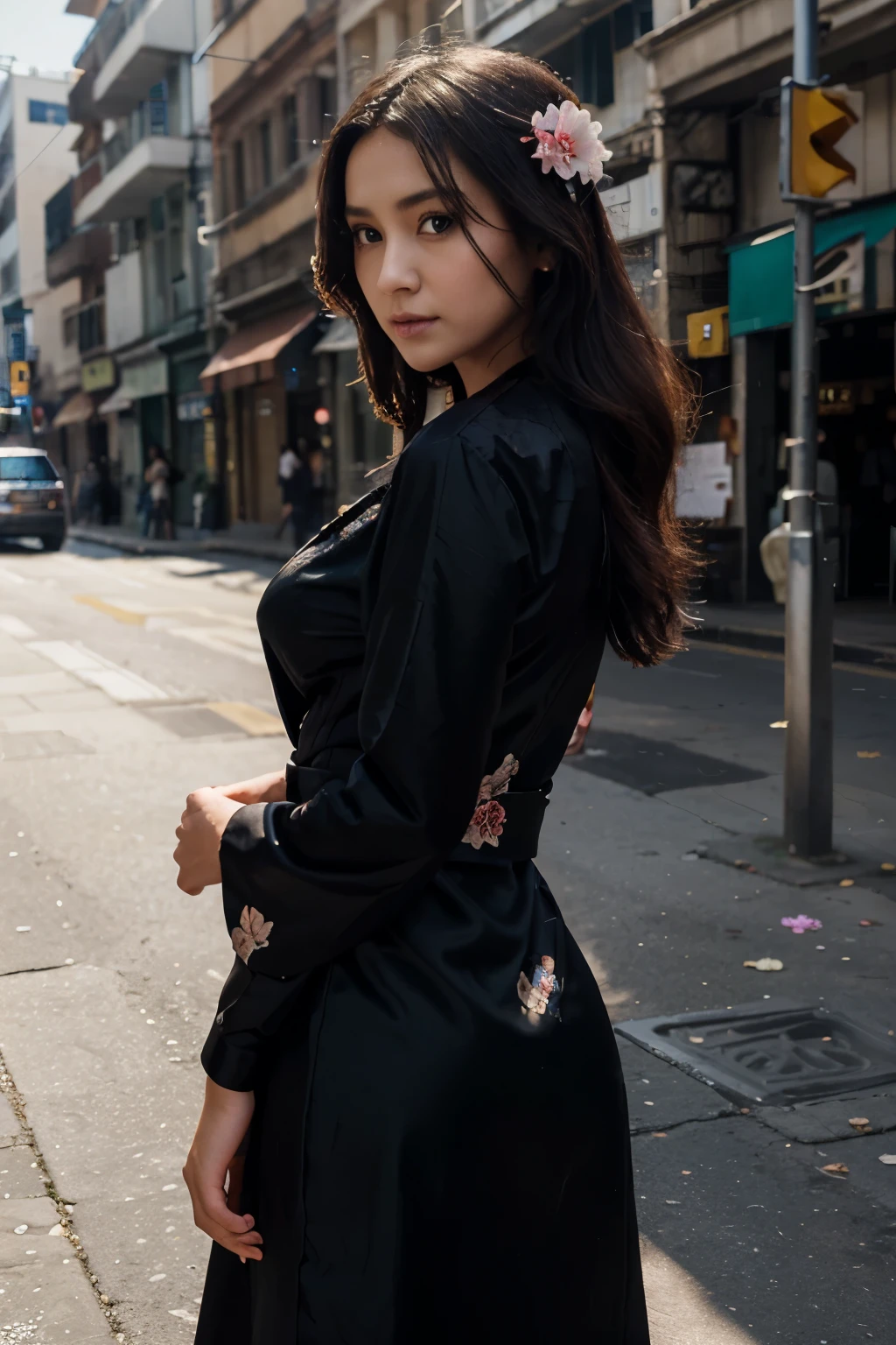 a beautiful girl in vintage colors aodai, masterpiece ,(Dye painting) (Black color dress) wrapped in a lar ge flower print( flower silk ... with) best quality, re alistic:1.3, street, cyberpunk, holding bundle of adu bon sunlight, backlighting, (well pper Adhere to clea r natural light hdr))full budy, big ass (Remove extra I imbs, remove accurately) intricate scene, artstatio n, intricate details, vignettefulbudy(cartoon)
