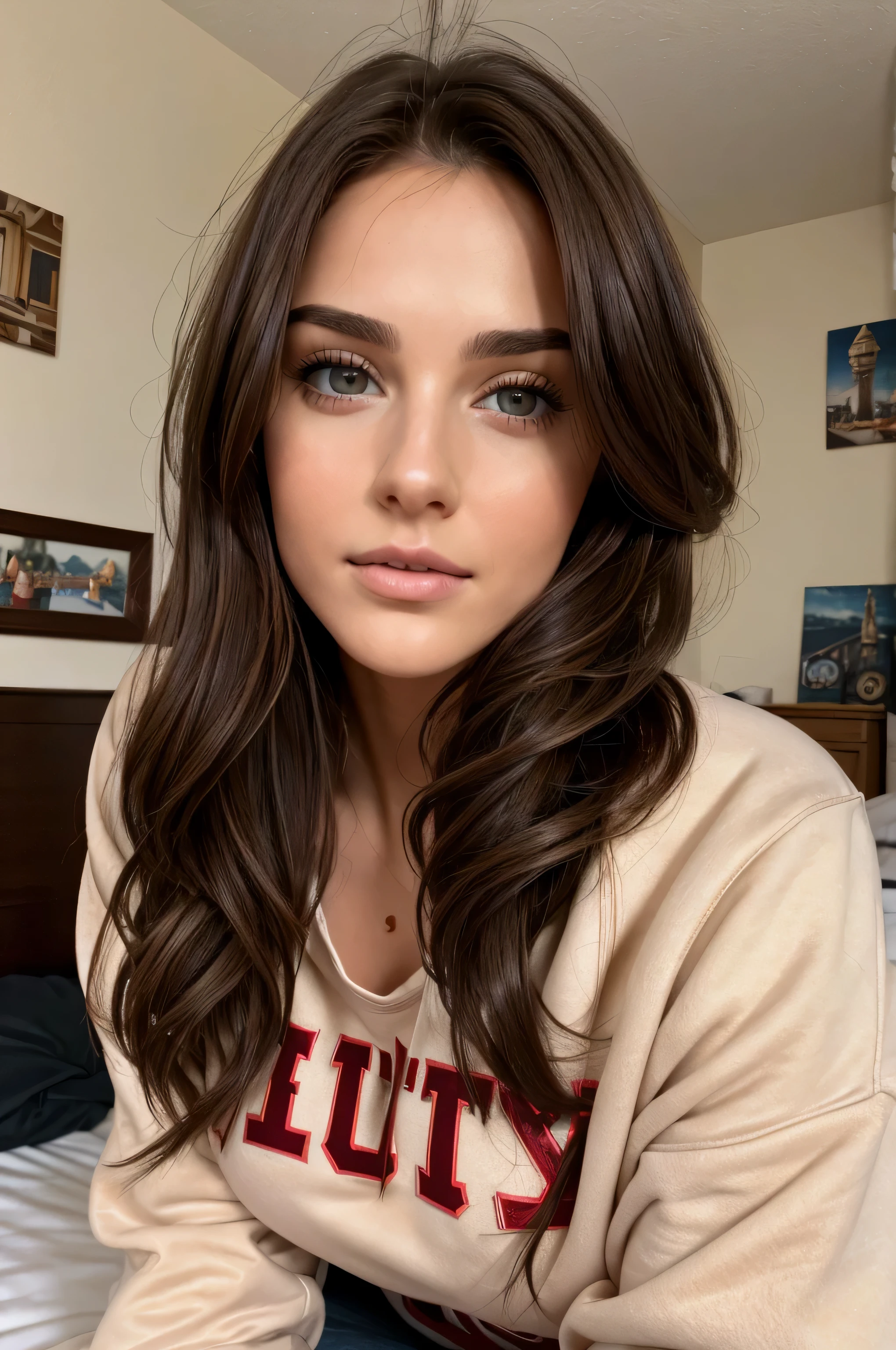 8k, highly detailed, very realistic, perfect face, masterpiece, brunette, 25-year-old, natural tits, red university sweatshirt, bedroom, lips as if she is kissing