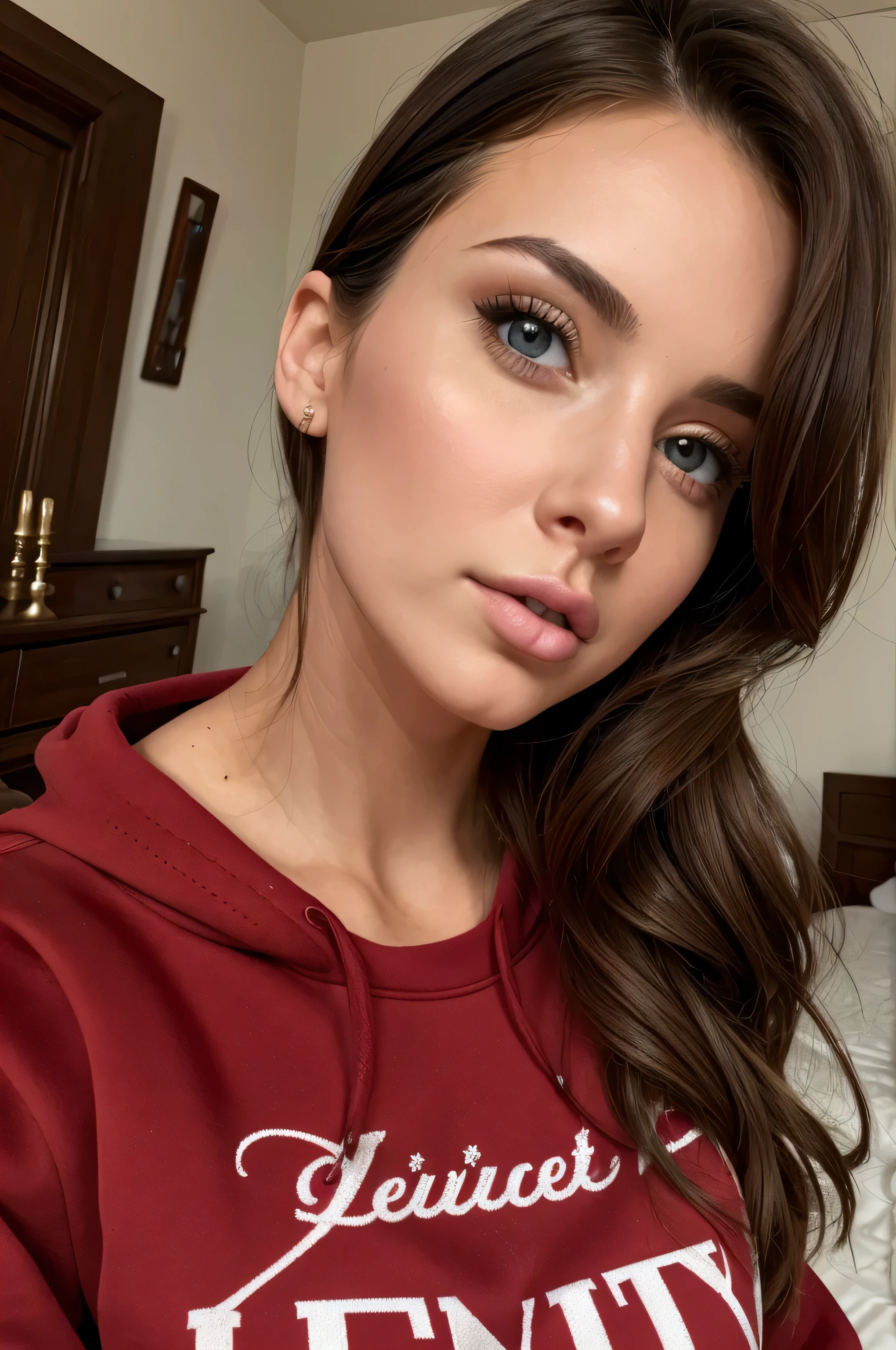8k, highly detailed, very realistic, perfect face, masterpiece, brunette, 25-year-old, natural tits, red university sweatshirt, bedroom, lips blowing kiss
