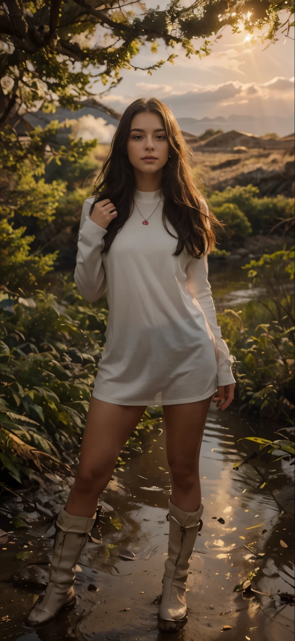 (Best quality:1.3),(Masterpiece:1.3),(Illustration:1.3),(ultra detailed:1.3),(Imid shot:0.9),, , , 1 girl,One,Very young,Upper body,short neck,,, , from the outside,from below,close-up,, , , фиолетовые eyes,eyes, gem-like,чрезвычайно детализированные eyes,very detailed face,(seductive smile:0.8),(open mouth:0.3),, , , Muddy Creek, muddy water, Floating debris, Rotting stench, haunting melody, A Polluted Mystery, Neglected tranquility, The Forgotten Path, pebble riverbed , ponytail, Black hair,