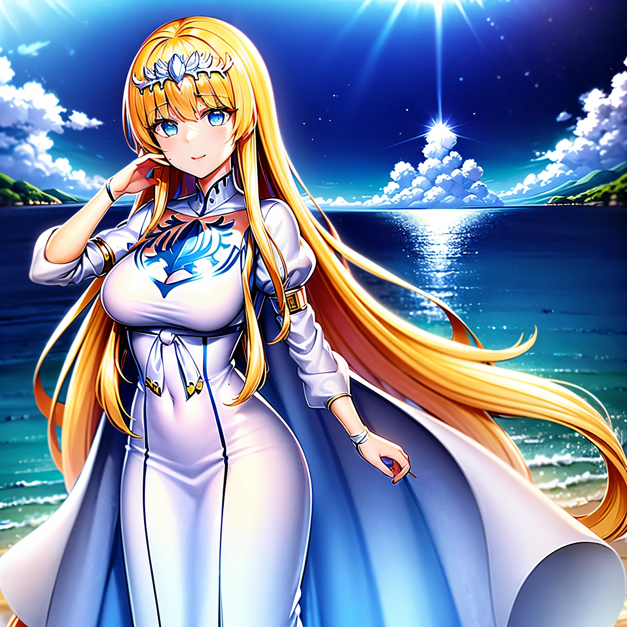 ,((Best Quality))),8K,((masutepiece)),(Very sophisticated、Beautiful fece), There is a girl coming out of the sea, Swan princess in Russian mythology, Beautiful calm face, , White old Russian shiny clothes with a kokoshnik crown on the head, affectionate eyes, Half smile, A gentle look on his face, Seascape and sunlight on background, Seagulls in the sky, full length, Realism, 1girl, star guardian, (cool color theme), 1girl, Calca, blonde hair, extremely long hair, white tiara, tiara on her head, white dress, blue eyes, medium breasts