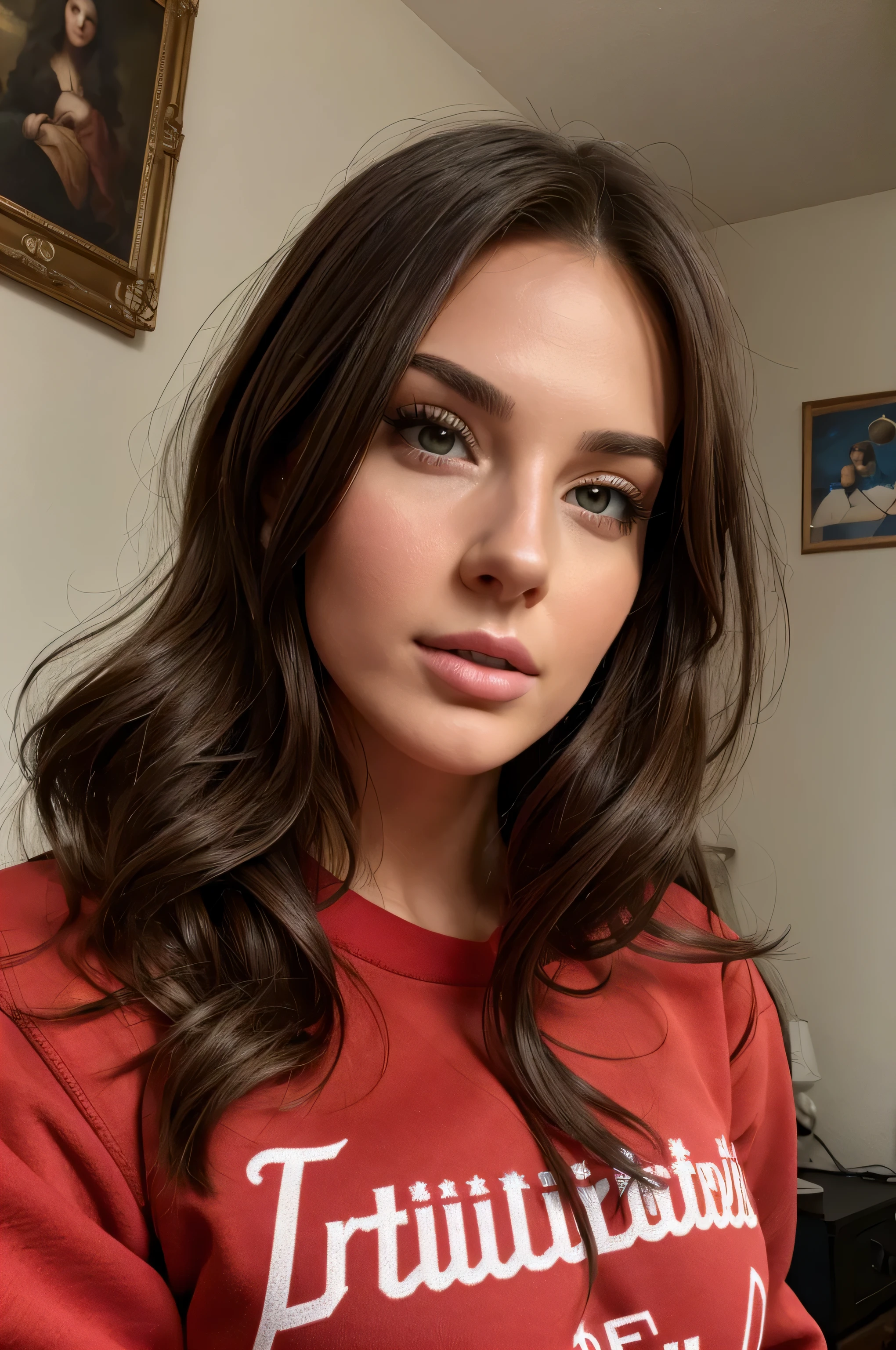 8k, highly detailed, very realistic, perfect face, masterpiece, brunette, 25-year-old, natural tits, red university sweatshirt, bedroom, lips blowing a kiss