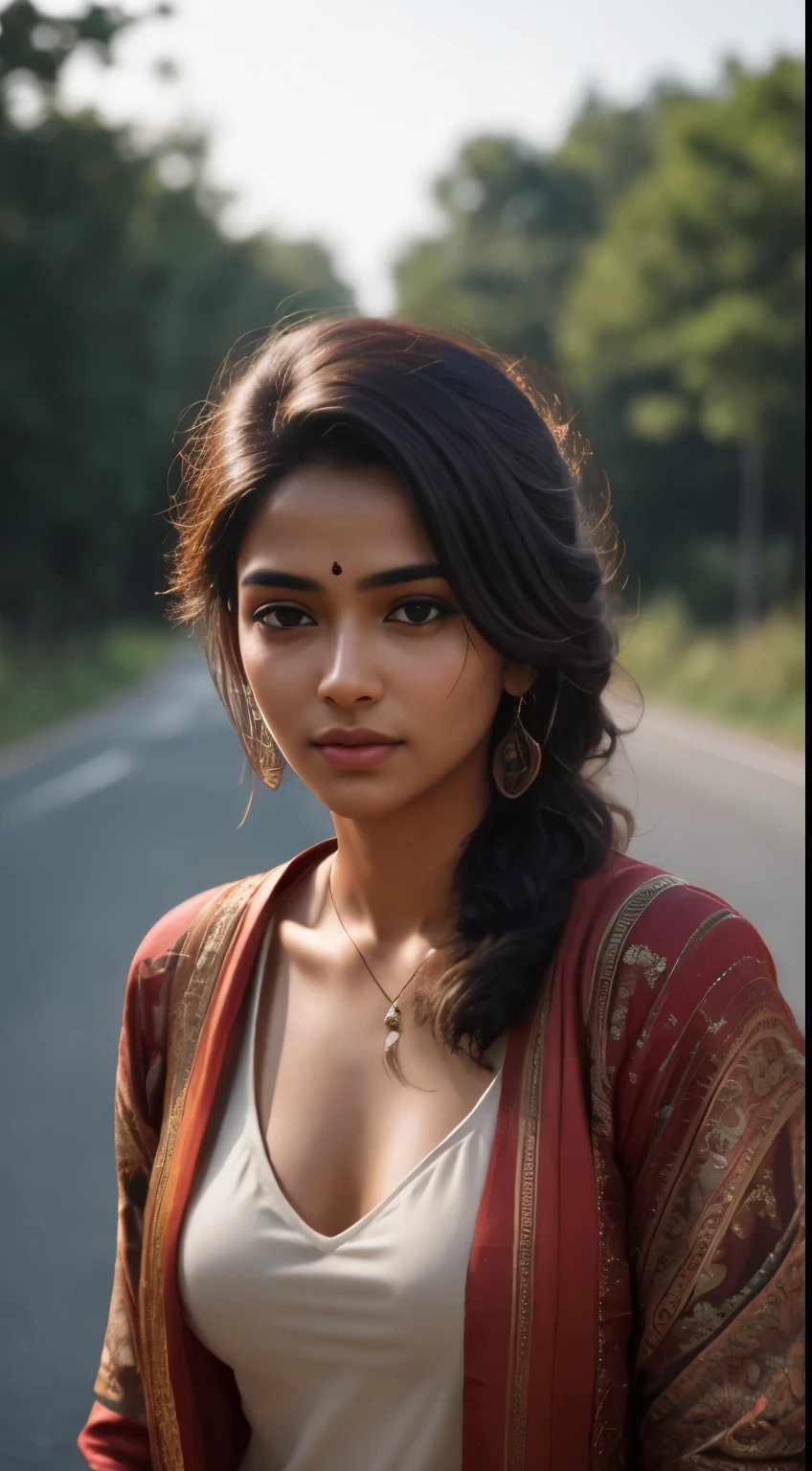 young Indian girl, 18-year-old, red top, gentle lighting, intricate facial details, flawless complexion, top-notch 3D rendering, hyper-realistic, shot on Indian road. photorealistic digital art trending on Artstation 8k HD high definition detailed realistic, detailed, skin texture, hyper detailed, realistic skin texture, armature, best quality, ultra high res, (photorealistic:1.4),, high resolution, detailed, raw photo, 400 camera f1.6 lens rich colors hyper realistic lifelike texture dramatic lighting unrealengine trending on artstation cinestill 800