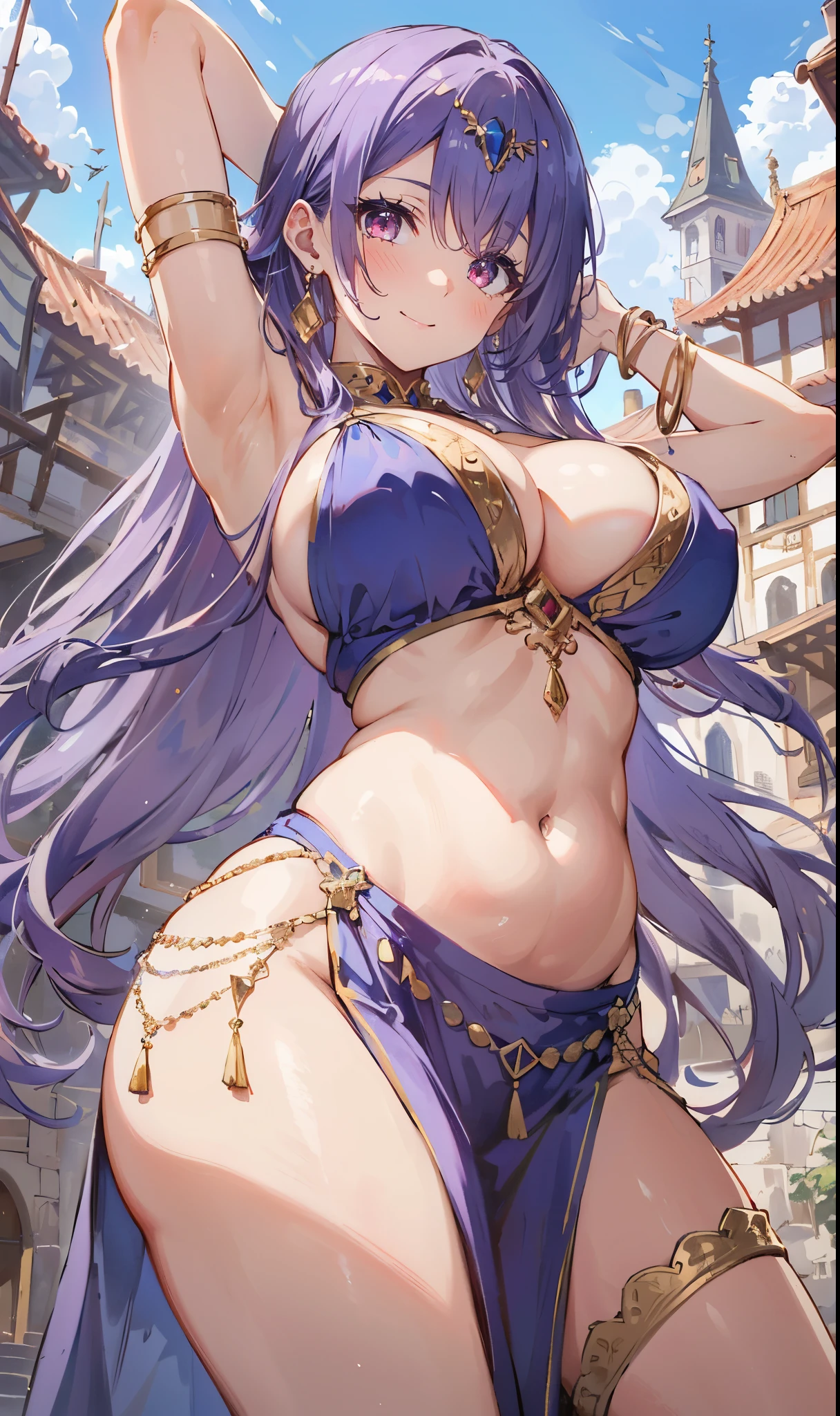 high quality, super detailed, 最high quality, Extremely detailed, beautiful, masterpiece, 1 girl, plaza, medieval europe, cowboy shot, red eyes, long hair, light purple hair, (belly dancer, harem costume, pelvic curtain:1.2), purple costume, barefoot, circlet, earrings, bangle, bracelet, shy smile, dancing, big breasts, cleavage, soft belly