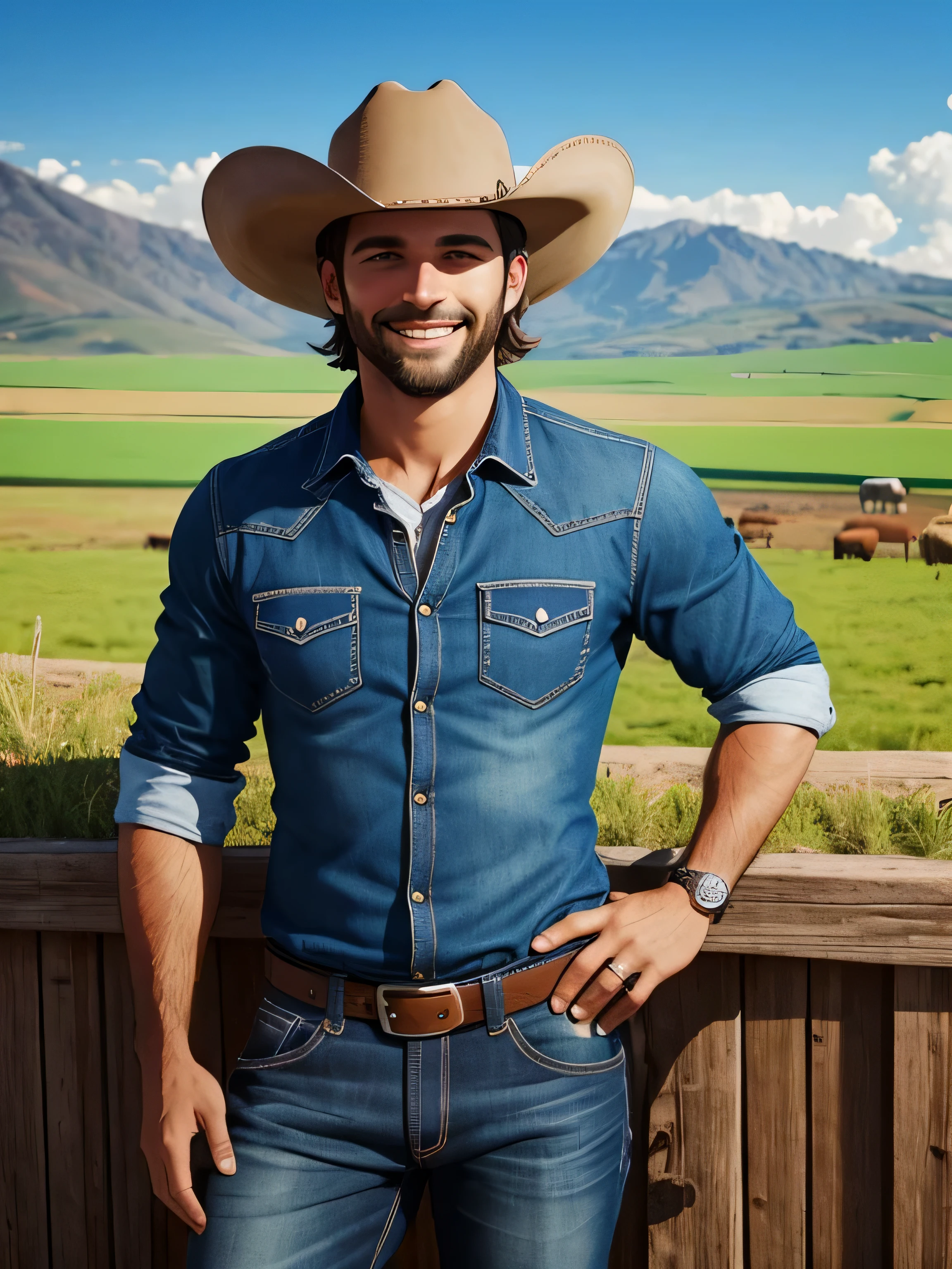 Title: "Vaqueiro Sorridente: Pasture illustration with herd" Description: Create a charming illustration of a 35-year-old cowboy in a country style, apresentando uma barba baixa. Ele veste uma camisa azul claro, um colete preto, jeans, botas de couro, e um cinto de couro robusto. The cowboy is smiling, fazendo gesto de thumber up, Make sure you capture the essence of the cowboy, o ambiente rural