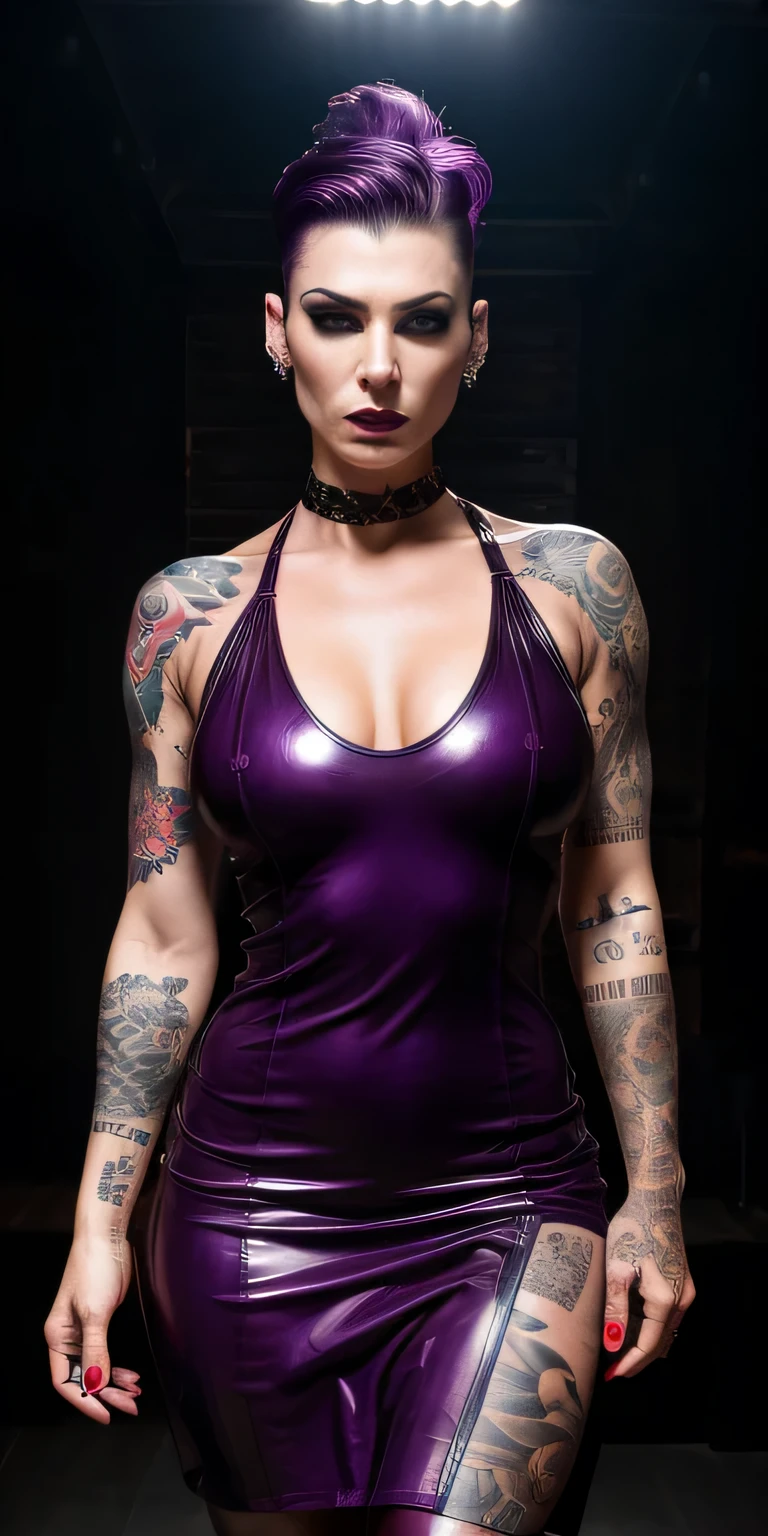 photograph of a 35 year old woman, short dark violet undercut, tattooed body, athletic body, angry expression, dominant master, latex dress, dark makeup, pale skin, (highly detailed face:1.4)