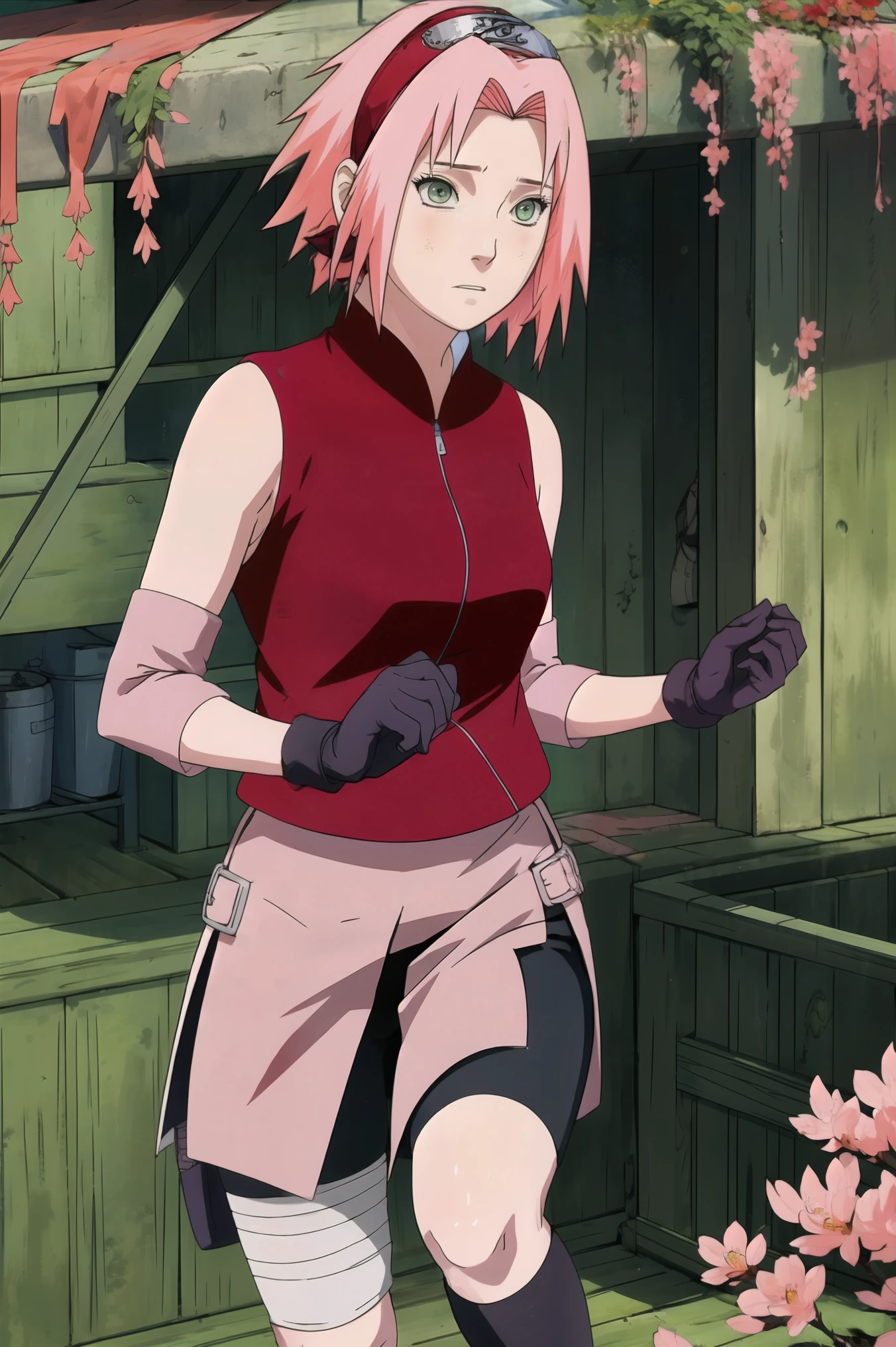 High-quality, ultra-detailed, realistic artwork of a scene from "Sakura Shippuden" with vivid colors, perfect for 4K or 8K resolutions. The scene depicts Sakura Haruno, a young woman, standing gracefully in a garden surrounded by blooming sakura (cherry blossom) trees. She is wearing a red jacket embroidered with the symbol of Konohagakure, the Hidden Leaf Village. Her leg is bandaged, indicating a recent injury. Sakura is wearing a short skirt and toeless footwear, emphasizing her femininity and agility.

Sakura has shoulder-length bangs that softly frame her face, revealing her beautiful, green eyes. Her face is adorned with a forehead protector, which bears the Konohagakure symbol, signifying her allegiance to her village. The artwork showcases Sakura's attention to detail, including her long eyelashes, detailed lips, and delicate features, capturing her determination and inner strength.

The lighting in the scene is soft and warm, casting a gentle glow on the petals of the sakura blossoms. The vibrant colors of the cherry blossoms contrast against Sakura's black short sleeves and gloves, adding depth to the composition. The overall color scheme leans towards pastel tones, enhancing the serene and tranquil atmosphere of the garden.

This masterpiece artwork aims to capture the essence of Sakura Haruno's character, portraying her as a confident, skilled kunoichi amidst the delicate beauty of the sakura garden. The attention to detail, vibrant colors, and realistic rendering will bring this scene to life, evoking the spirit of "Sakura Shippuden" in a visually stunning manner.